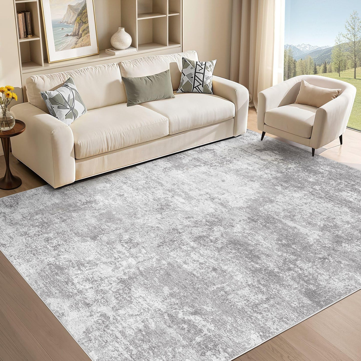 Micgeek Area Rug Living Room - 8X10 Abstract Washable Large Soft Foldable Non Slip Rug Neutral Modern Low Pile Carpet for Bedroom Nursery Dining Room Farmhouse Home Office Indoor - Light Grey