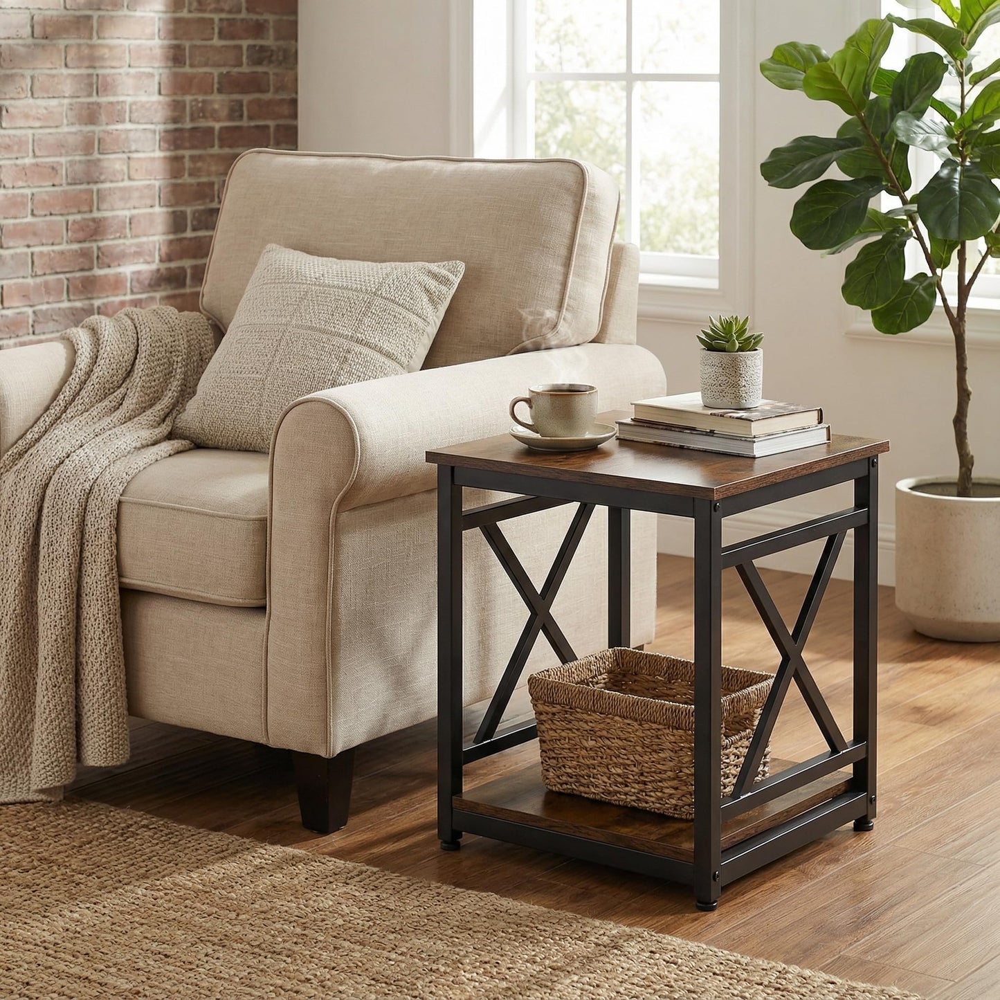 KSWIN Industrial End Table, 18" Square Side Table with 2-Tier Storage Shelf, X-Design Metal Frame, Rustic Brown Nightstand Bedside Table for Living Room, Bedroom