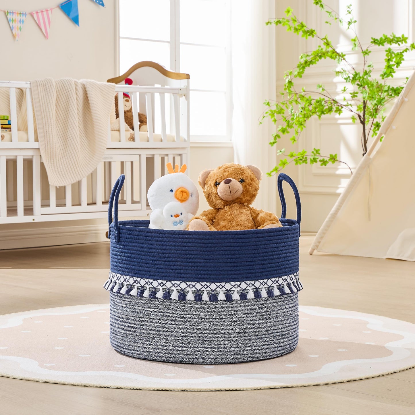 KAKAMAY Cotton Rope Storage Basket (20"x13"),Woven Hamper for Blankets,Toys,Pillows,Clothes,Laundry,Sturdy Handles Decorative Basket for Living Room, Bedroom,Nursery(Blue/White)