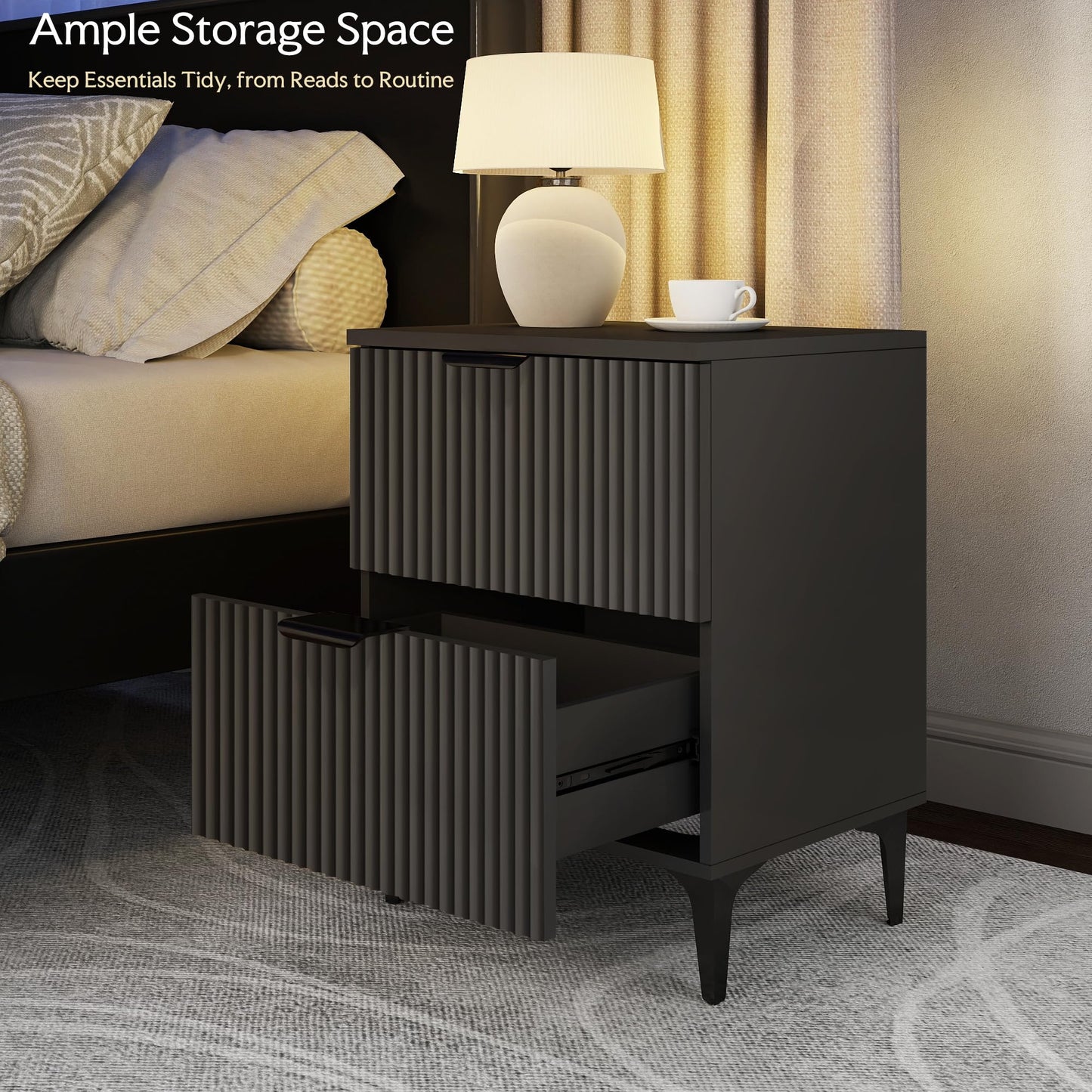 SUNWAVE Black Fluted Nightstand Set of 2, Modern Night Stands with 2 Drawers, Bedside Table for Twin/Full/Queen Bed, End Table with Robot-Friendly Metal Legs for Bedroom, Living Room
