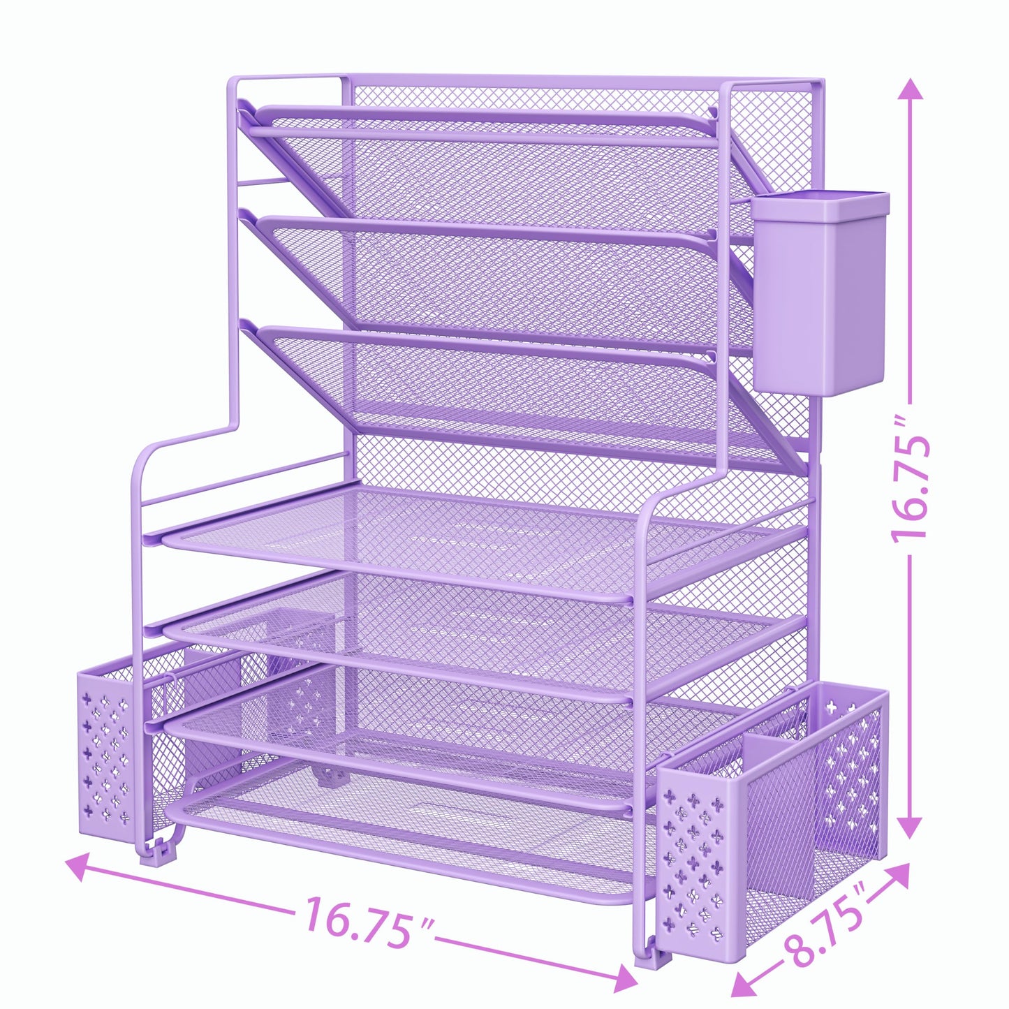 Simple Trending 7 Tier Desk File Organizer, Letter Tray Paper Organizer with Pen Holder and Metal Hanging Basket, Purple