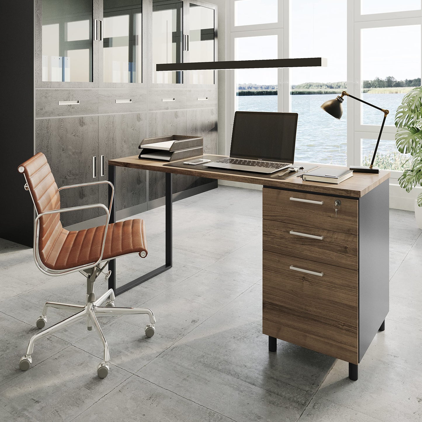 Modern Design Milano Office Computer Desk with 3 Locking Drawers, 48 Inch Walnut and Black Industrial Wood Desk with Filing Drawer and Storage By Crafts and Comfort
