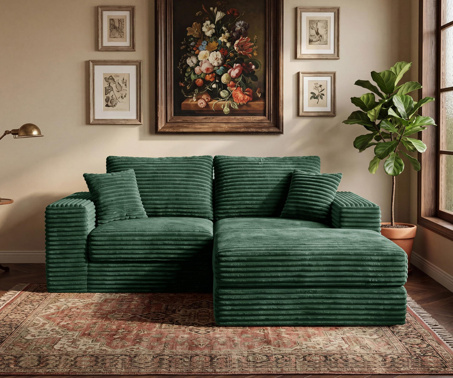 75'' L-Shaped Cloud Modular Sectional Couch with Chaise, Modern Corduroy Memory Foam Sofa Bed, Upholstered Boneless Deep Seat Fluffy Sleeper Sofa, for Living Room, No Assembly Needed (Green)