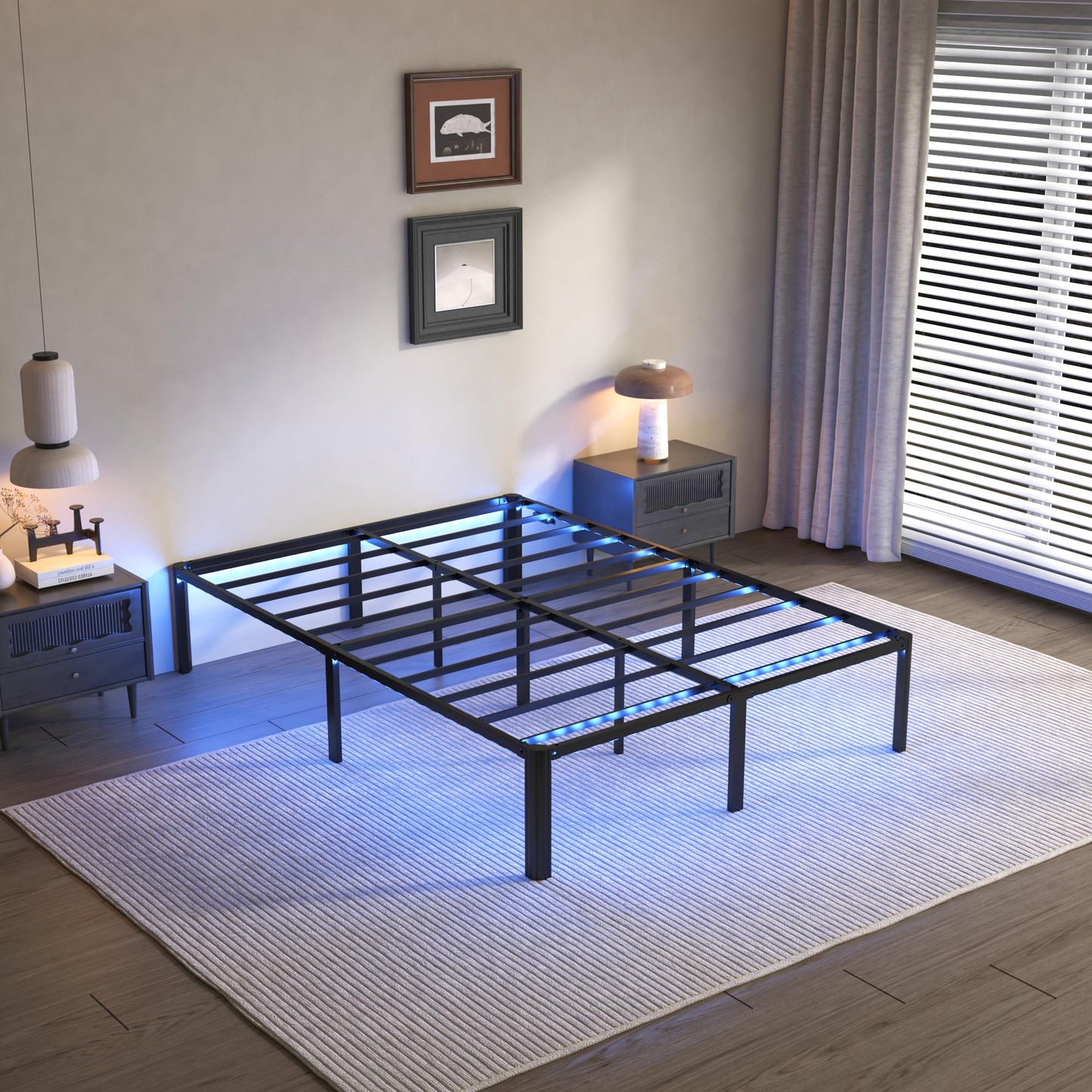 DORITRON Full Size Bed Frame with Led Lights, 14 inch Heavy Duty Metal Platform Bed Frame Full Size with Charging Station, No Box Spring Needed, Noise-Free