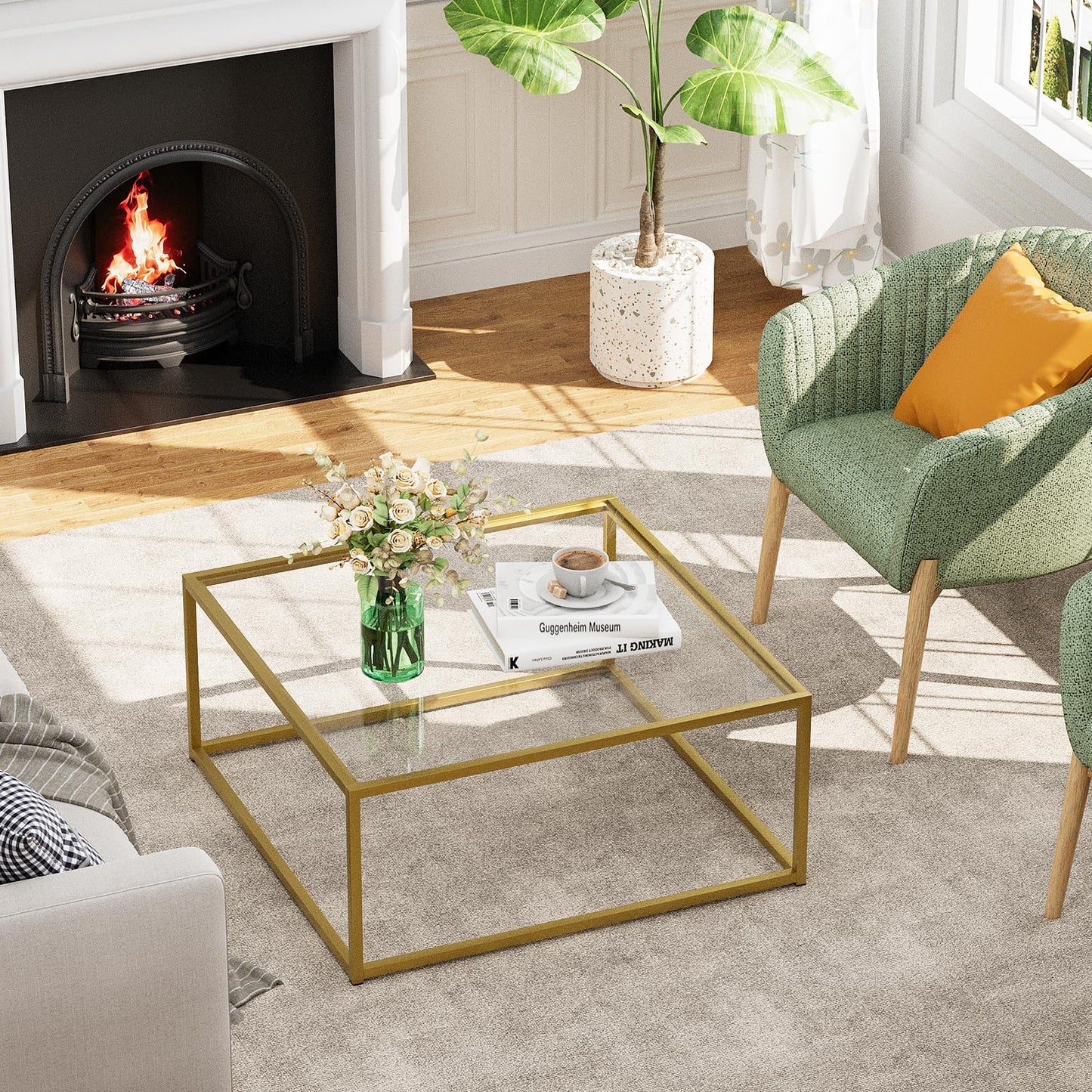 Glass Coffee Table, Small Square Coffee Table for Living Room,Simple Modern Center Tables for Small Spaces, Gold Living Room Tea Tables Easy Assembly,26 * 26in（Gold & Clear Glass）