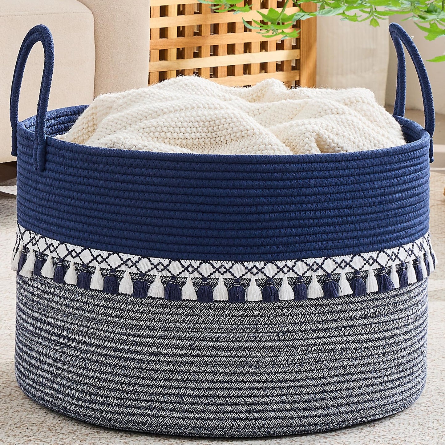 KAKAMAY Cotton Rope Storage Basket (20"x13"),Woven Hamper for Blankets,Toys,Pillows,Clothes,Laundry,Sturdy Handles Decorative Basket for Living Room, Bedroom,Nursery(Blue/White)