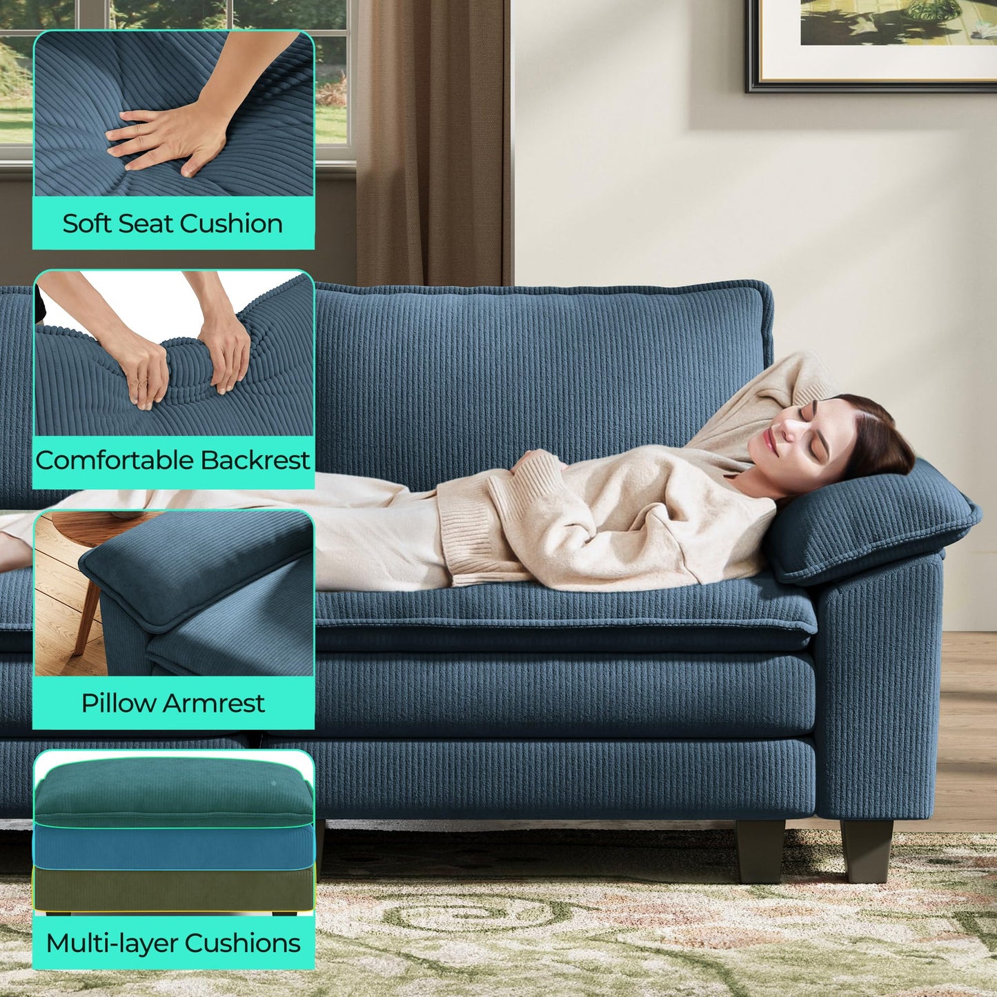 LINSY HOME 123" Modular L-Shaped Sectional Sofa, 3-Seat Corduroy Modern Cloud Couch with Deep Seat & 1 Movable Ottoman, Perfect for Living Room, Office, Bedroom, Blue