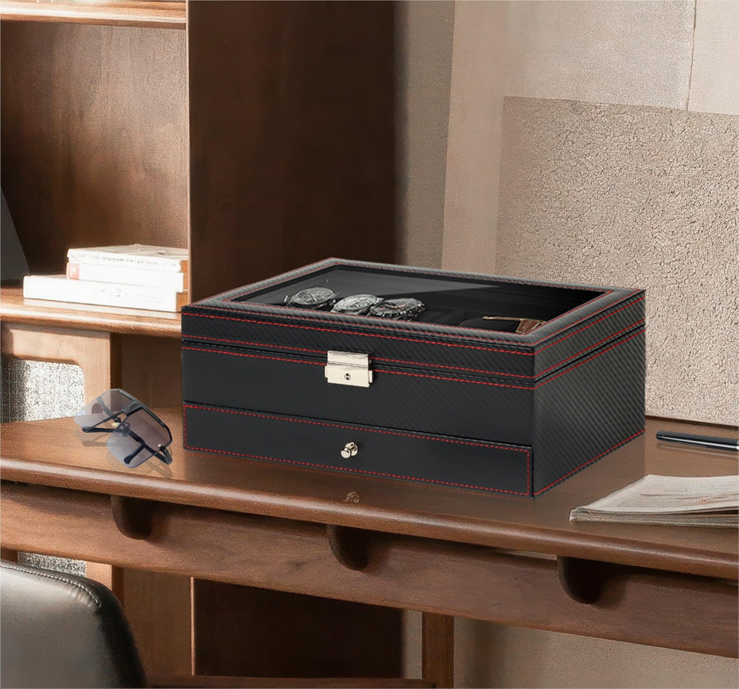 Kukikan Watch Jewelry Box Organizer, 6-Slot 2-Layer Watch Case and Sunglasses Storage with Large Glass Lid, Men's Jewelry Box with Lock, Watch Holder Display Case, Fathers Day Gift for Dad