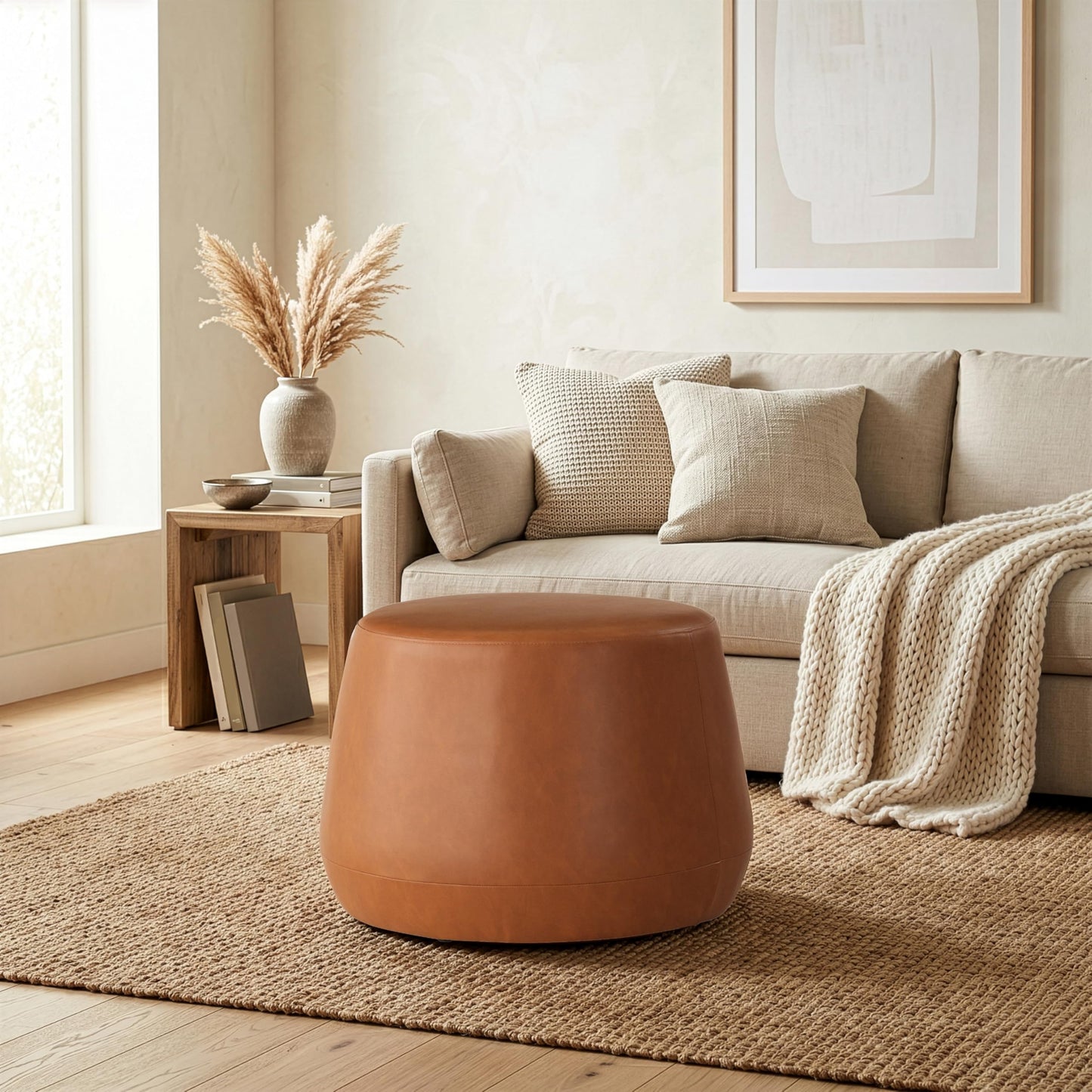 Studio Living Waverly 24" Thimble Ottoman, Urban Transitional, Fully Assembled, Vegan Leather Fabric, Carmel