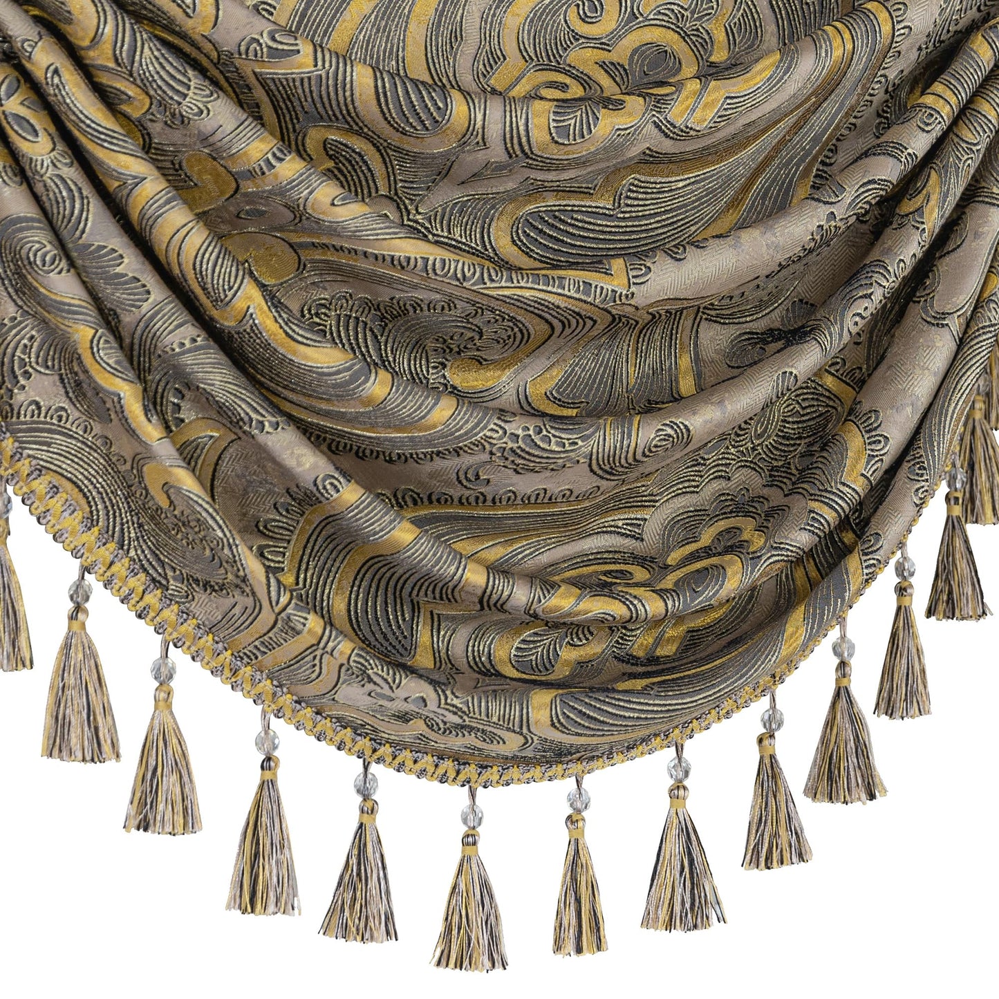 Loom and Mill European Antique Waterfall Valance for Living Room, Luxury Jacquard Damask Swag Valances with Tassels, Taupe Gold Swag Curtains for Bedroom Window Holiday Decor(W59 Inch,1 Panel)