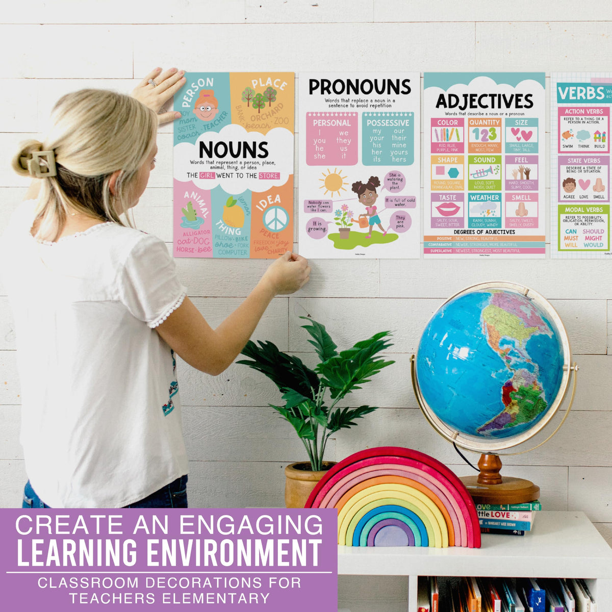 Parts of Speech Posters for Classroom Must Haves - 12 Grammar Posters, Writing Process for Homeschool, Elementary & Middle School, ELA 3rd 4th & 5th Grade Teacher Must Haves, Pastel Classroom Decor