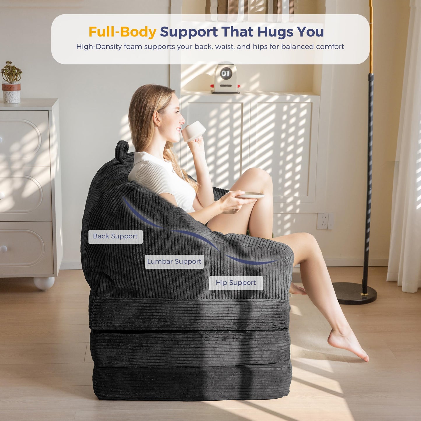 MAXYOYO Folding Sofa Bed with Backrest, Boneless Fold Out Couch Bed with Handle, 2 in 1 Convertible Bean Bag Chair to Floor Sofa Lounger, Comfy Folding Couch for Bedroom & Living Room, Black