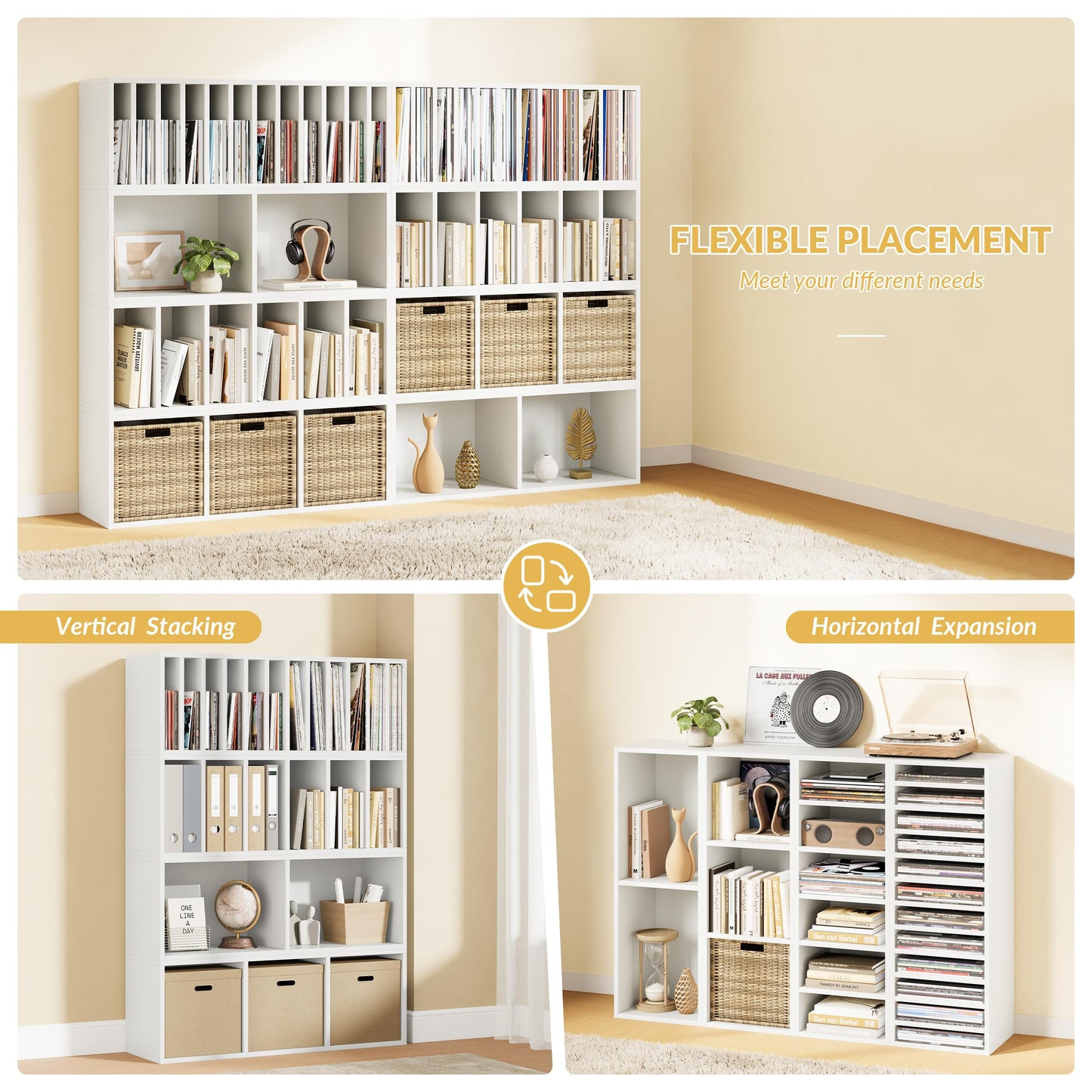 IOTXY DIY Modular Cube Bookcase - CubeXY Customizable Stackable Expandable Combination Set, 23-Cube Open Bookshelf for Books, Fabric Storage Bin, and 7/10-inch Vinyl Record Organizer, White