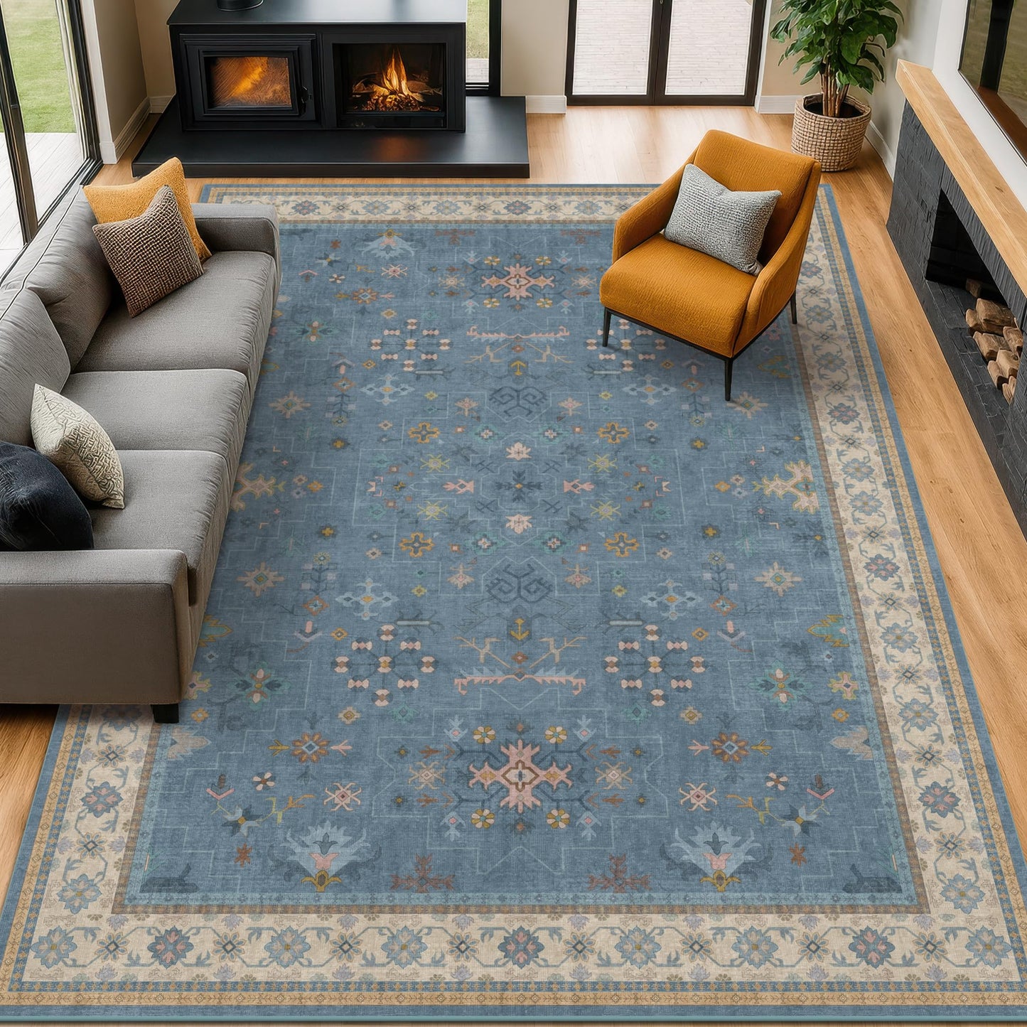 Hazo Haus Boho 9x12 Soft Rugs for Living Room - Dark Blue Rugs for Bedroom Aesthetic, Dining Room Under Kitchen Table, Washable Soft Non Slip Large Area Eclectic Unique Décor