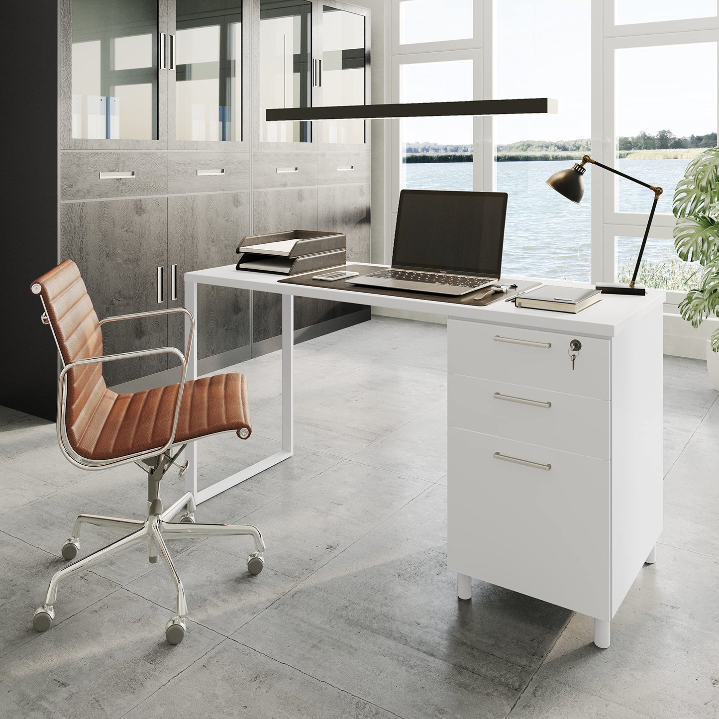 Modern Design Milano Office Desk with 3 Locking Drawers, 48 Inch White Industrial Wood Desk with Filing Drawer and Storage, by Crafts and Comfort