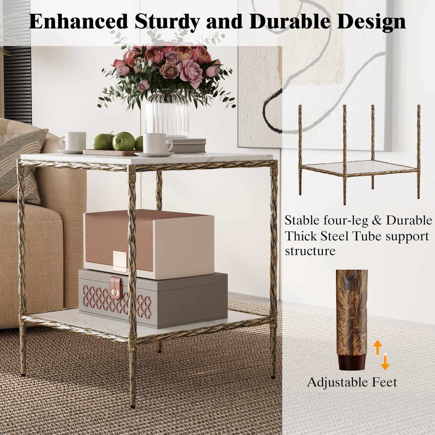 FormaCraft Antique Square End Table with a Marble-Effect Wooden Top, 20" Gold Side Table with 2-Tier Open Storage Shelves, Modern Square Accent Table with Antique Brass Finish for Living Room, Bedroom