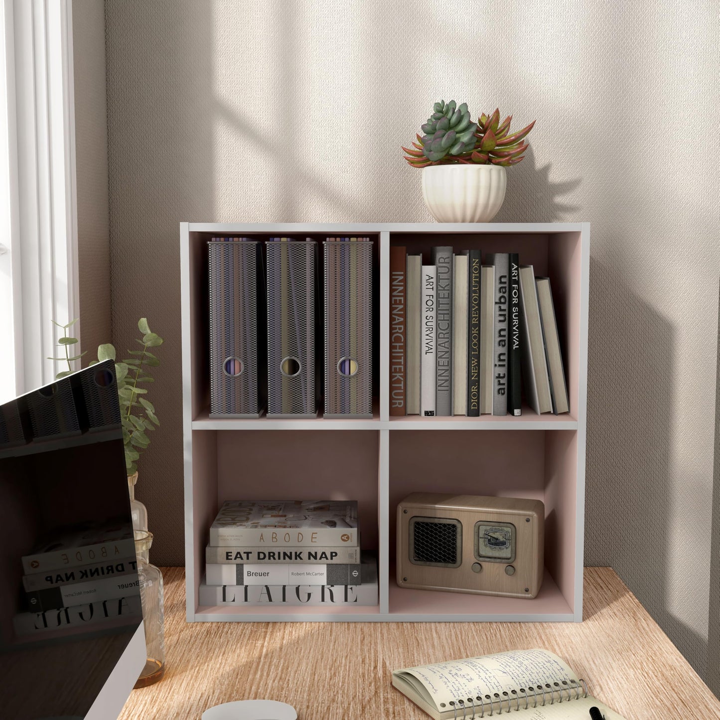 Homes: Inside + Out Apexa 4-Cube Storage Organizer Shelves, Stackable Wood Bookcase Fits Cubby Bins for Organization, Dorm Teen Room Decor & Home Office, Light Pink