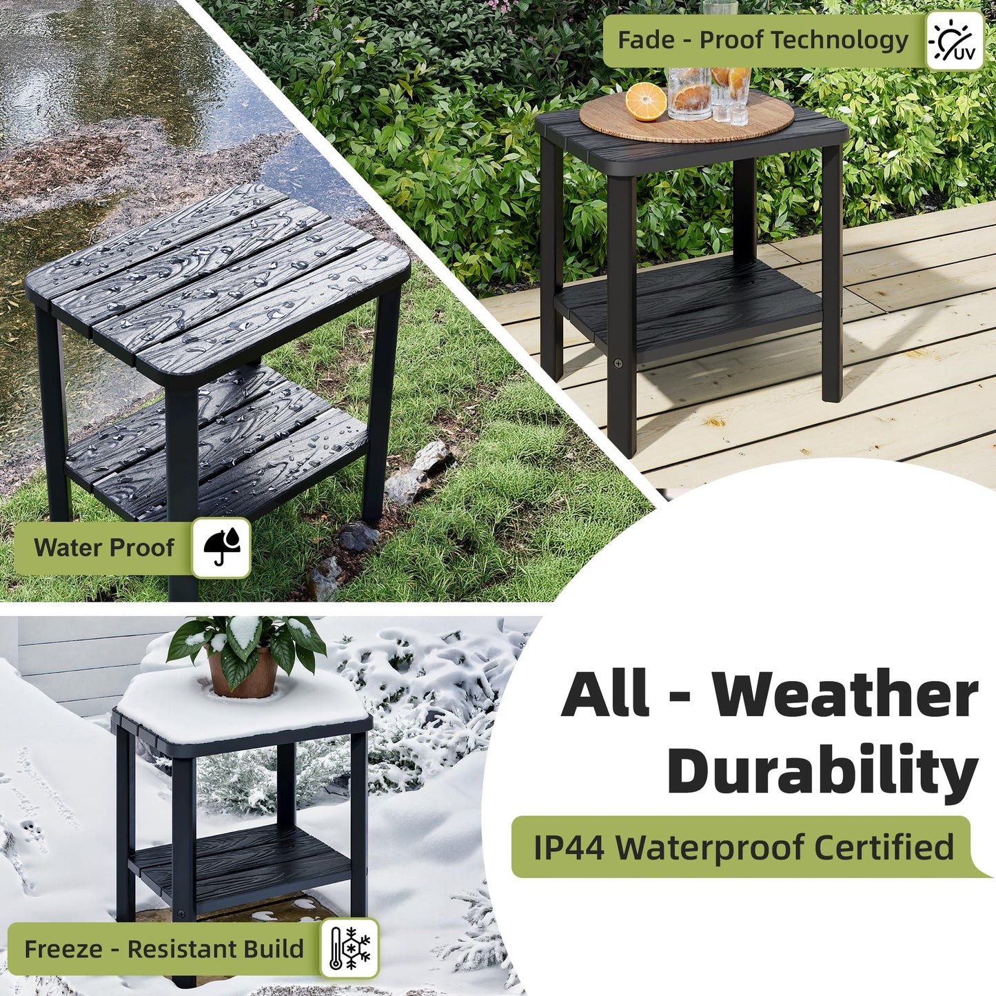 KAMABOKO Outdoor Side Table for Patio, 2-Tier Adirondack End Table 16" HDPE Waterproof Square Storage All-Weather Table for Lawn, Pullside, Beach and Indoor