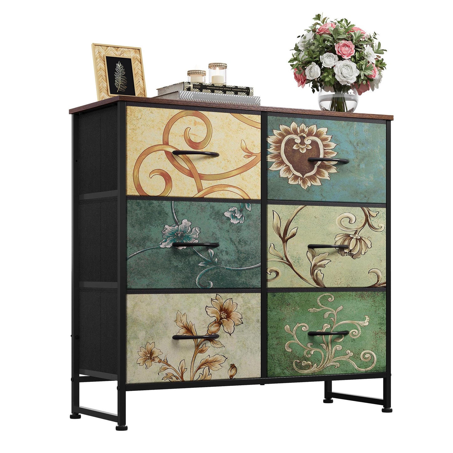 WLIVE Dresser for Bedroom with 6 Fabric Drawers, Closet Dresser with Metal Frame, Wooden Top, Chest of Drawers for Closet, Living Room, Hallway, Floral Painted