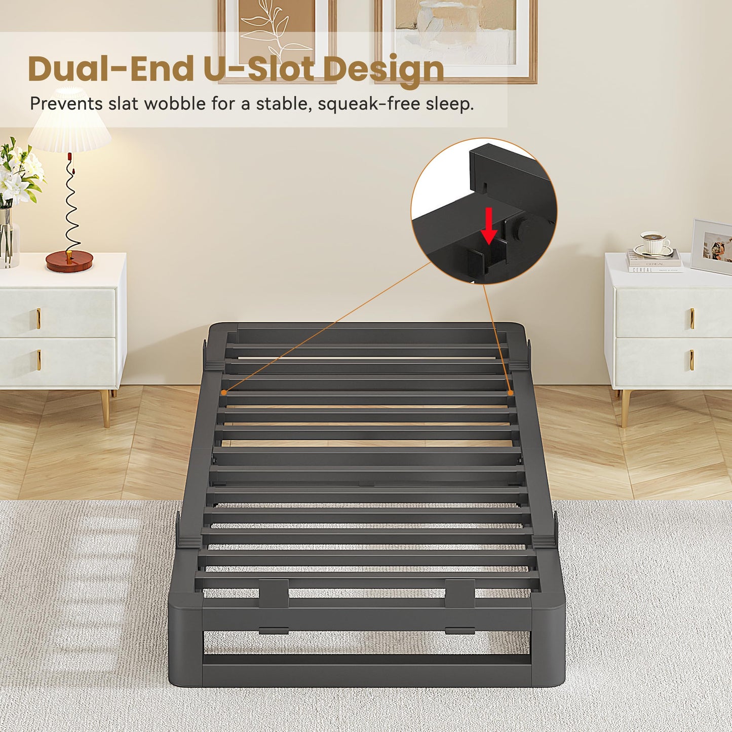 Cresyfu 6 Inch Twin Bed Frames with Rounded Corner and Squeak Free U-Slot Design, Metal Platform Bed Frames 6 Non-Slip Guards, 3500lbs Heavy Duty Steel Slat Support, No Box Spring Needed, Black
