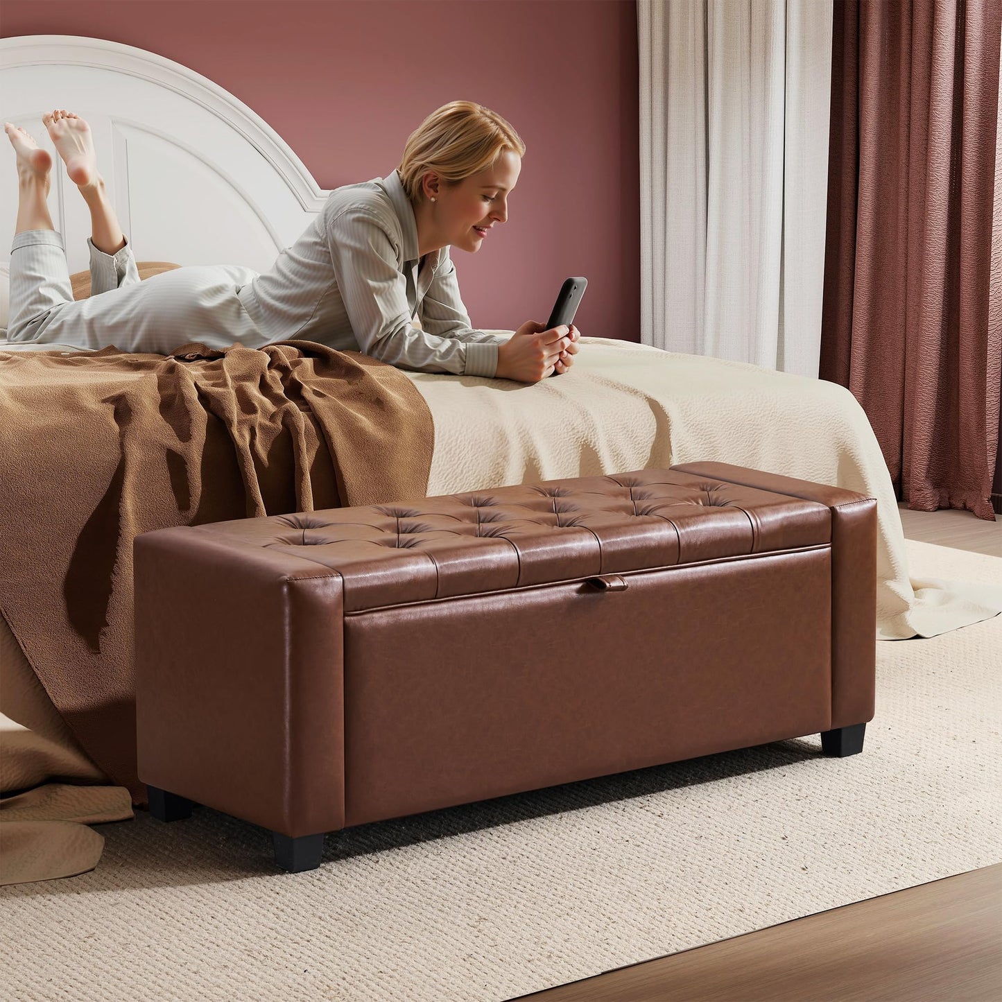 GRAINELL 42.13” Storage Ottoman Bench, Upholstered Tufted Bedroom Bench with Storage, End of Bed Storage Bench for Living Room & Entryway, 350 lb Capacity, Leather Brown