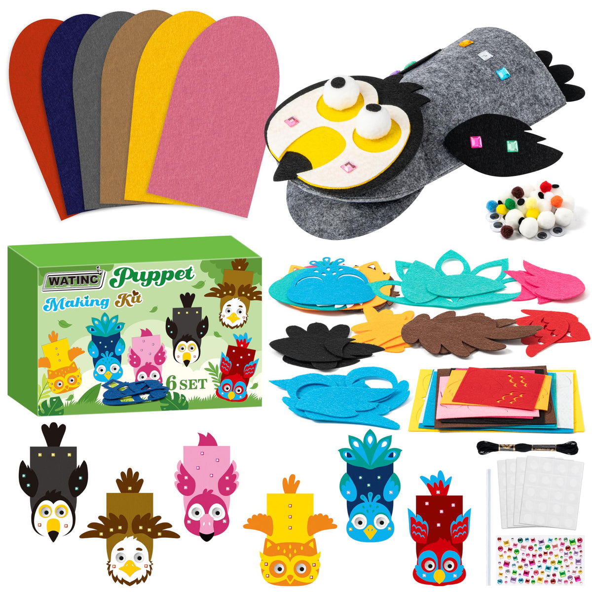 WATINC 6Pcs Hand Puppet Making Kit, Art Craft Felt Sock Puppet Toys, Creative DIY Make Your Own Pompoms Wiggle Googly Eyes Storytelling Role Play Party Supplies Gift for Girls Boys (Bird A)