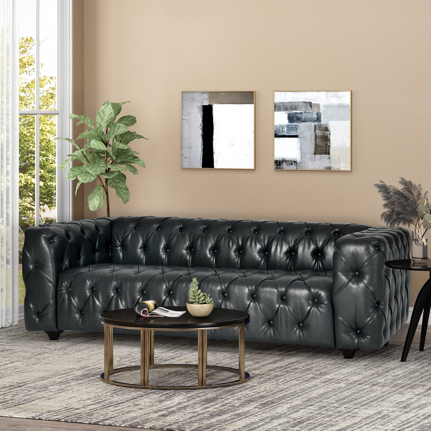 Christopher Knight Home Sagewood Tufted 3 Seater Sofa - Faux Leather - Midnight Black/Dark Brown