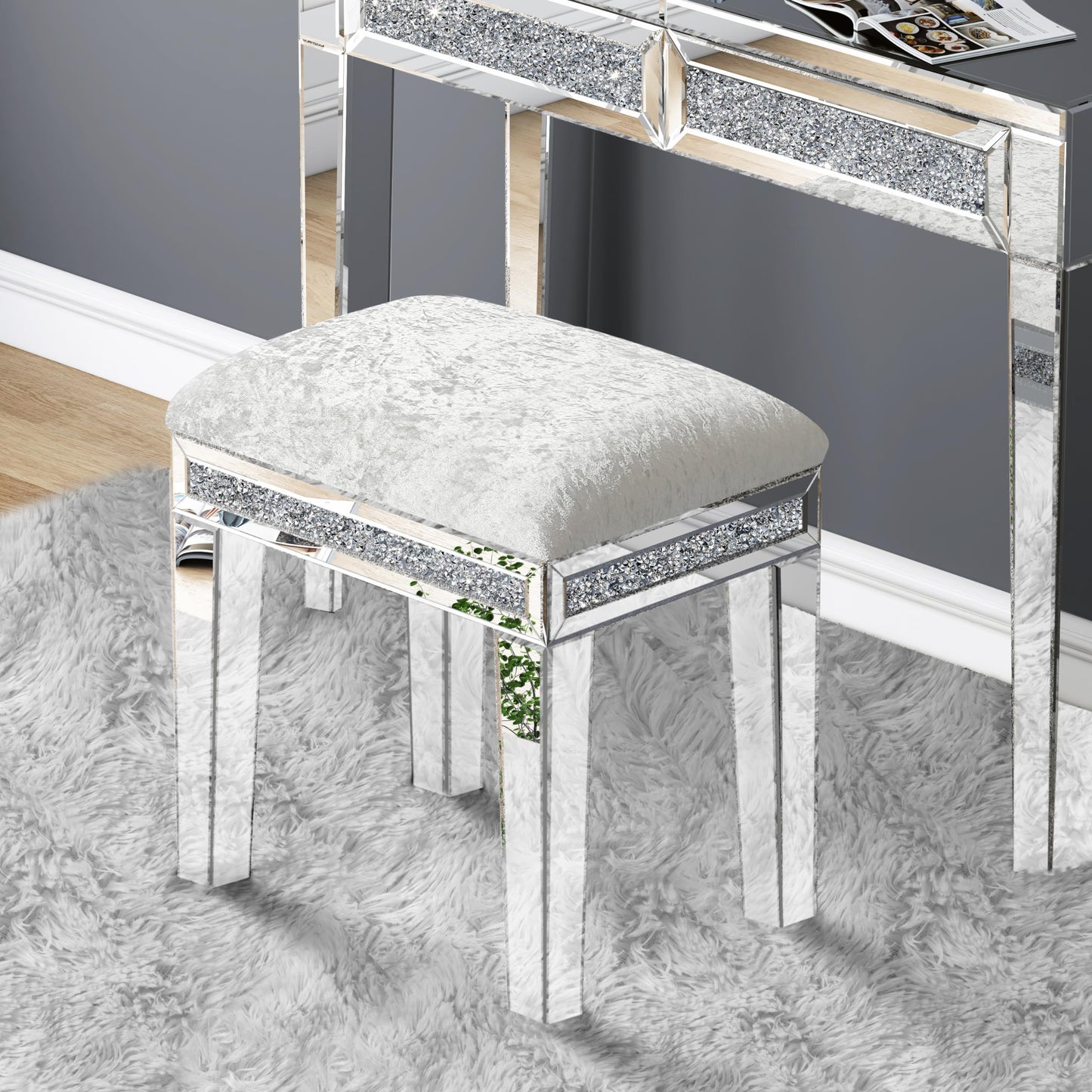 blingworld Mirrored Vanity Stool with Crushed Diamond Inlay Velvet Cushion 19.7'' Tall Stylish Makeup Chair for Bedroom, Vanity Chair, Ottoman for Living Room, White