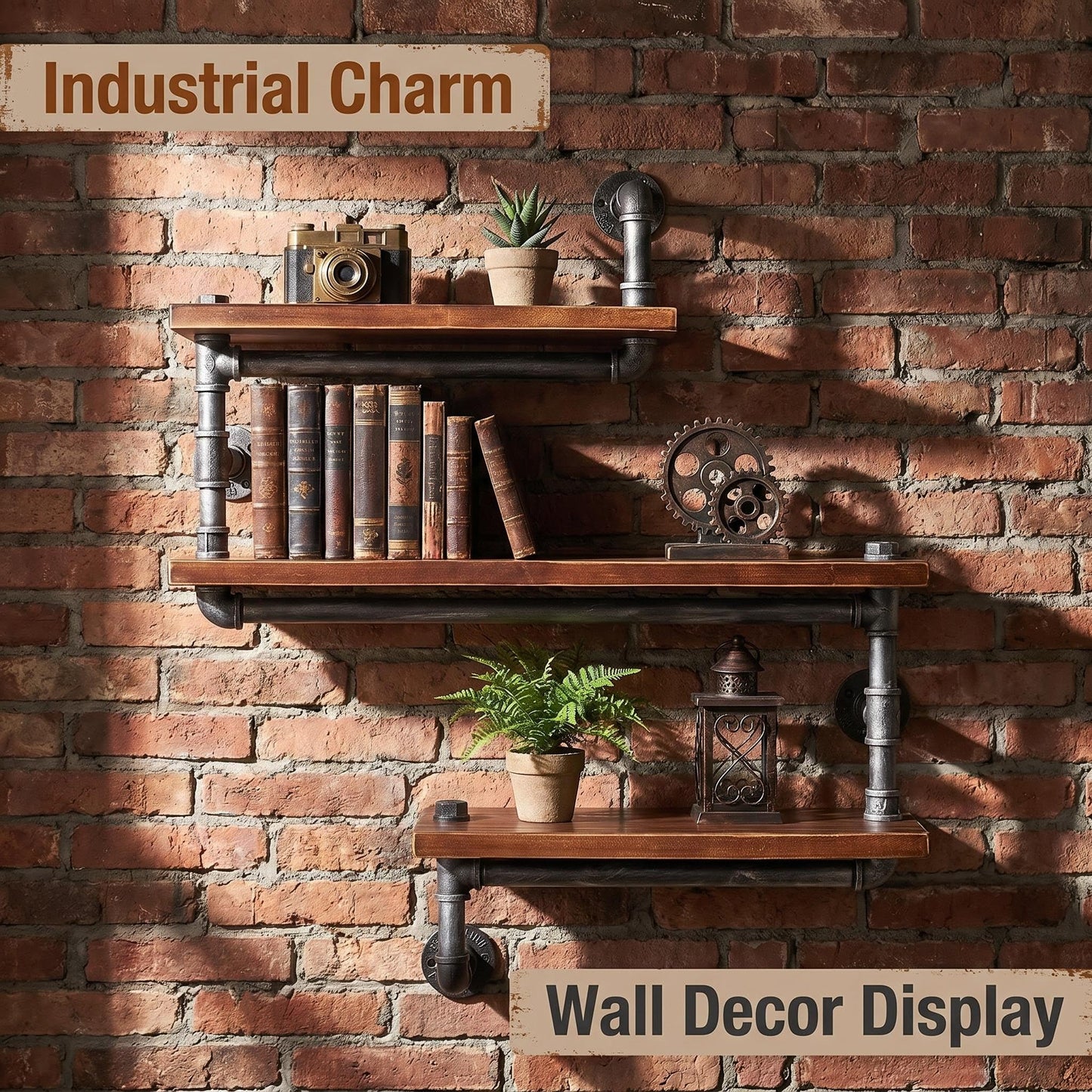 Diwhy Industrial Pipe 3 Tier Wall Mounted Floating Shelf, Rustic Wrought Iron Solid Wood Storage Display Shelf for Home Living Room Bedroom Decor