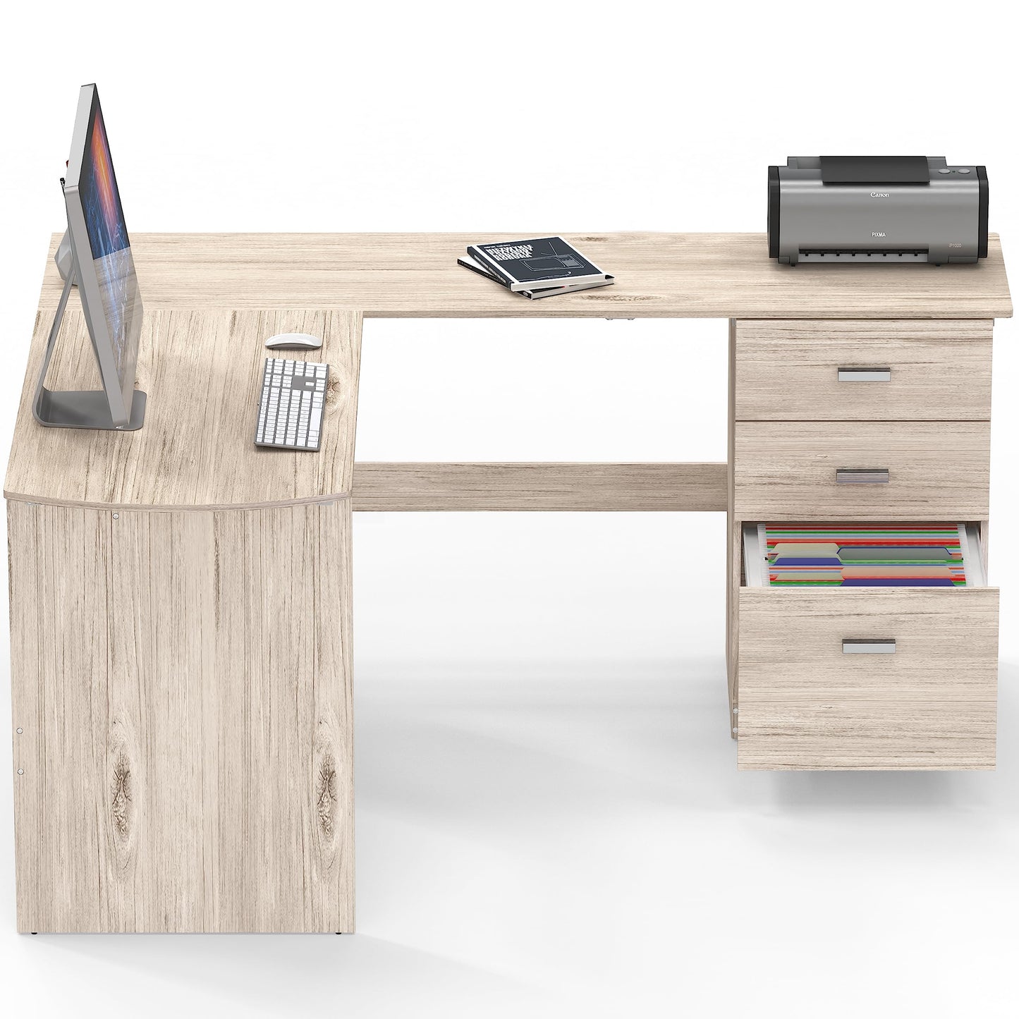 SHW 51 x 59 Inches L-Shaped Home Office Wood Corner Desk with Box Box File Drawers, Maple