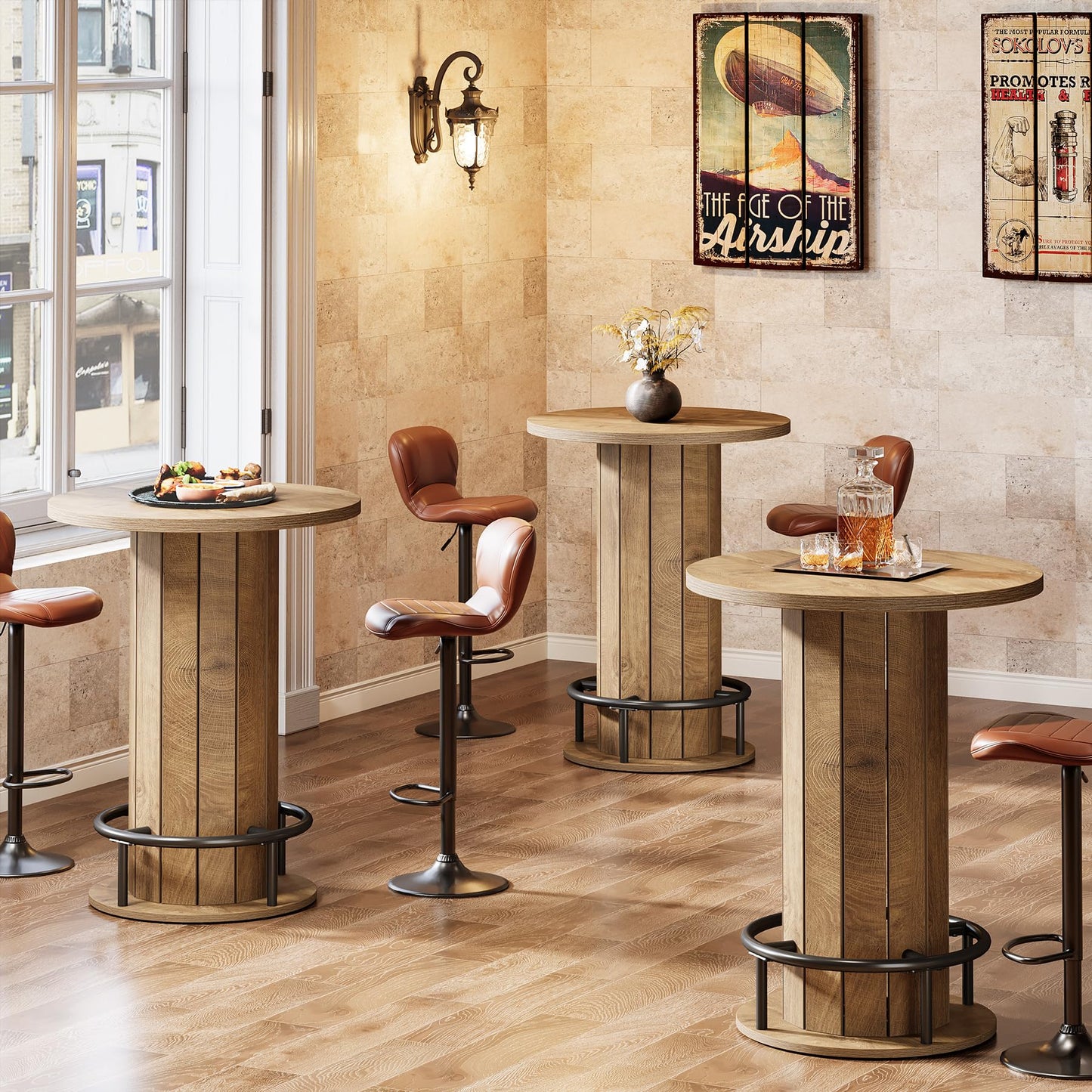 Tribesigns Round Bar Table, 39.4" H Wood Bistro Pub Table with Metal Ring Footrest for Dining Coffee Cocktail Living Room, Small Space, Light Brown (Only Table)