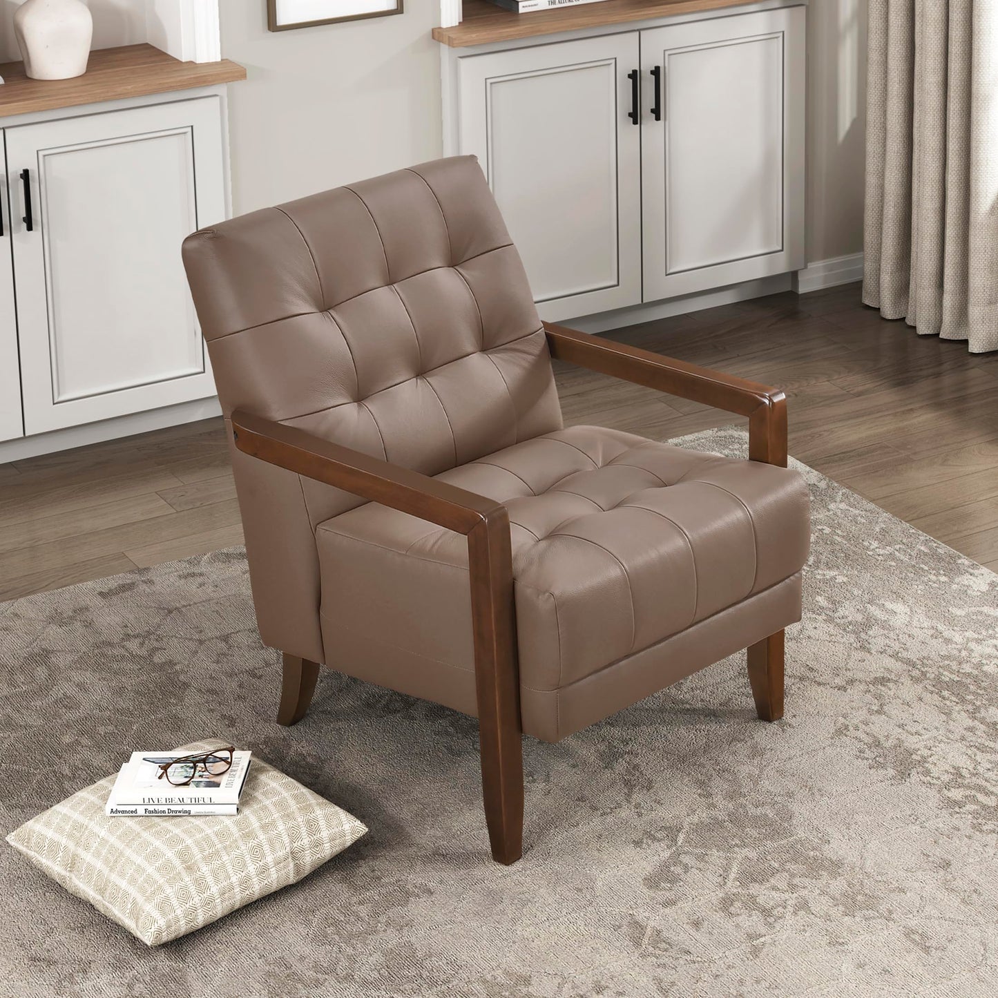 Lexicon Modern Accent Chair, Luxury Genuine Leather Match Living Room Chair with Tufted Cushions, Solid Wood Frame and Arm Rest, Comfy Upholstered Single Seat for Bedroom/Reading/Office, Brown