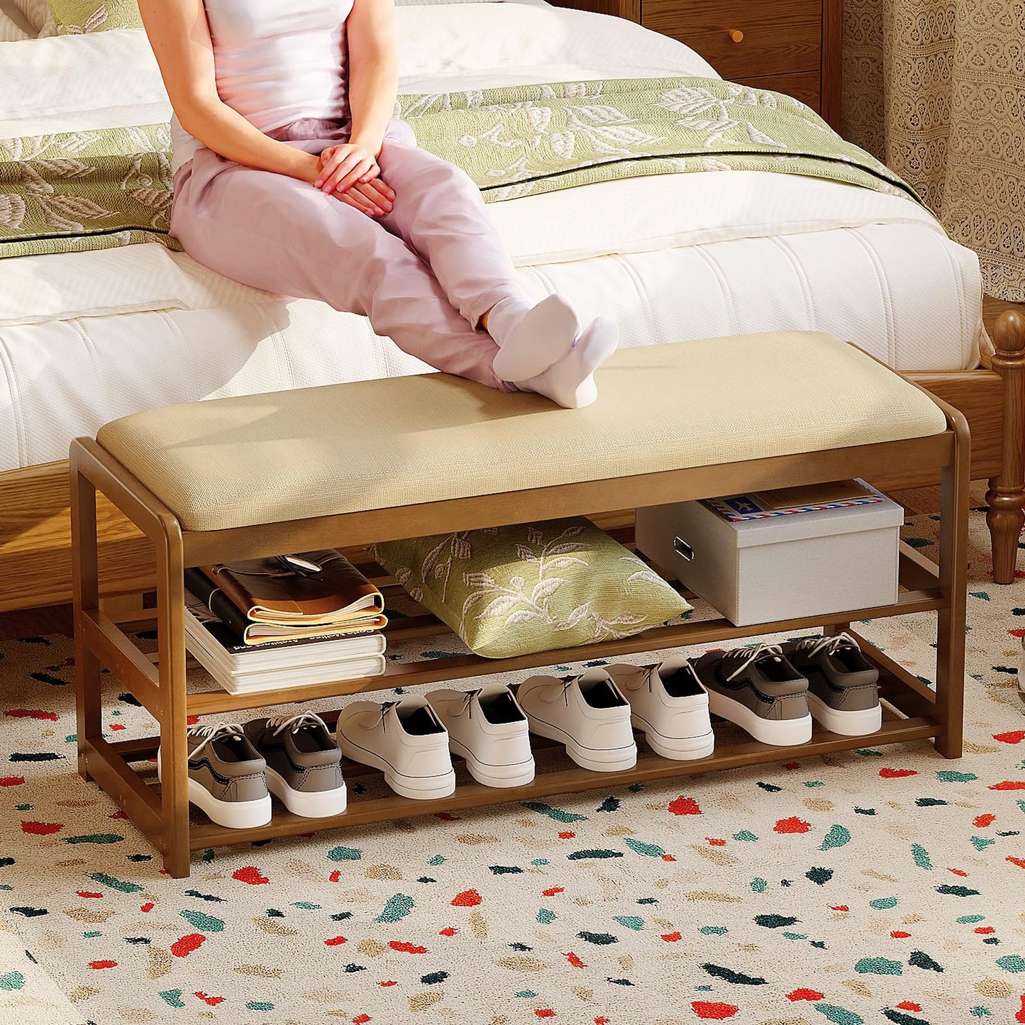 Welfuturer 2-Tier Bamboo Shoe Bench with Cushion and Hidden Drawer, Entryway Shoe Rack Organizer with Storage for Hallway, Bedroom, Front Door, Mudroom Seating Bench, Walnut