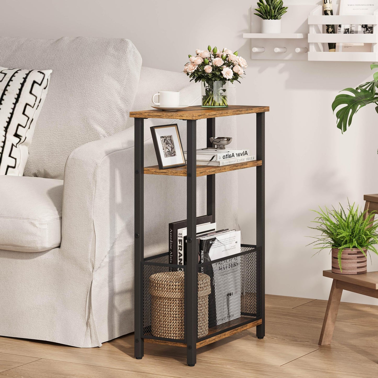 MMEOLUOOK Narrow Side Table with Storage Basket Skinny End Tables for Smalls Spaces 3 Tier Sofa Table Small Nightstand Slim Bedside Table for Living Room Bedroom Rustic Brown MLBZ22RB
