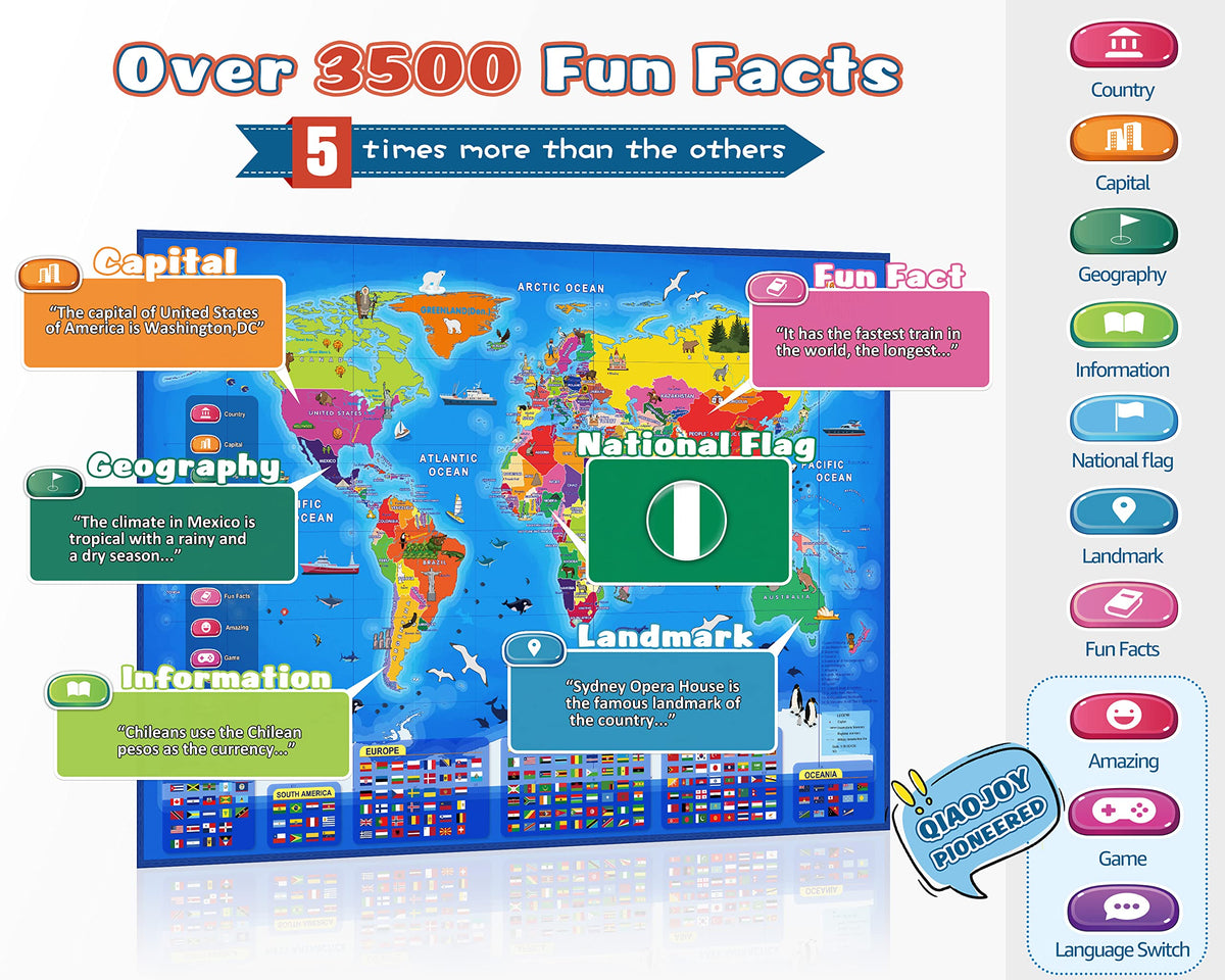 Qiaojoy Bilingual Interactive World Map for Kids Learning and Educational Toys, Talking Electronic Kids World Map i-Poster Geography Games Ages 3 to 12 Years Old, Custom Talking Birthday Gifts Card