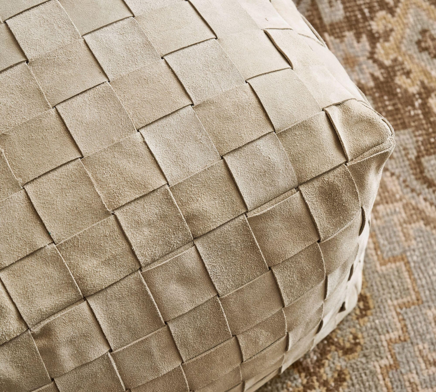 Luxury Handcrafted Suede Basketweave Pouf Ottoman – Soft & Durable Floor Cushion, Footrest, and Accent Seating for Living Room, Bedroom, & Office – Stylish Modern Home Décor (Stone, 18" x 18" x 14")