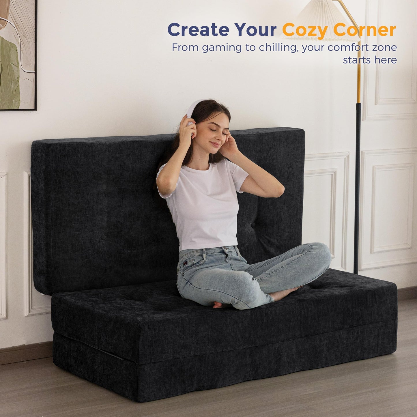 MAXYOYO 6" Folding Sofa Bed for Floor, Tufted Tri-Fold Floor Mattress with Chenille Fabric, Queen Size Portable Sofa Couch Guest Mat for Adults, Foldable Topper for Camping, Black, 59"x78.7"