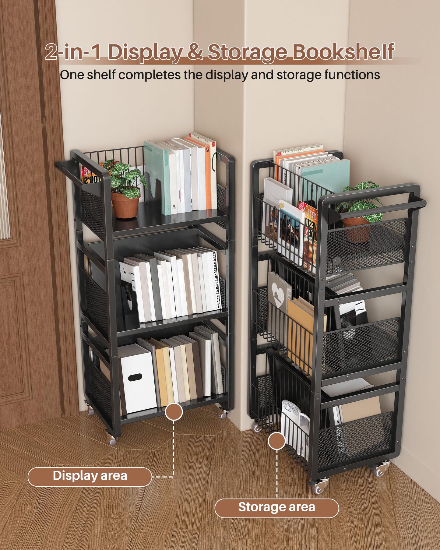 UMDONX Book Cart Heavy Duty Double-Sided with Silent Wheels & 3 Magnetic Book Supports Rolling Bookshelf Library Book Truck for Home, Office, or School