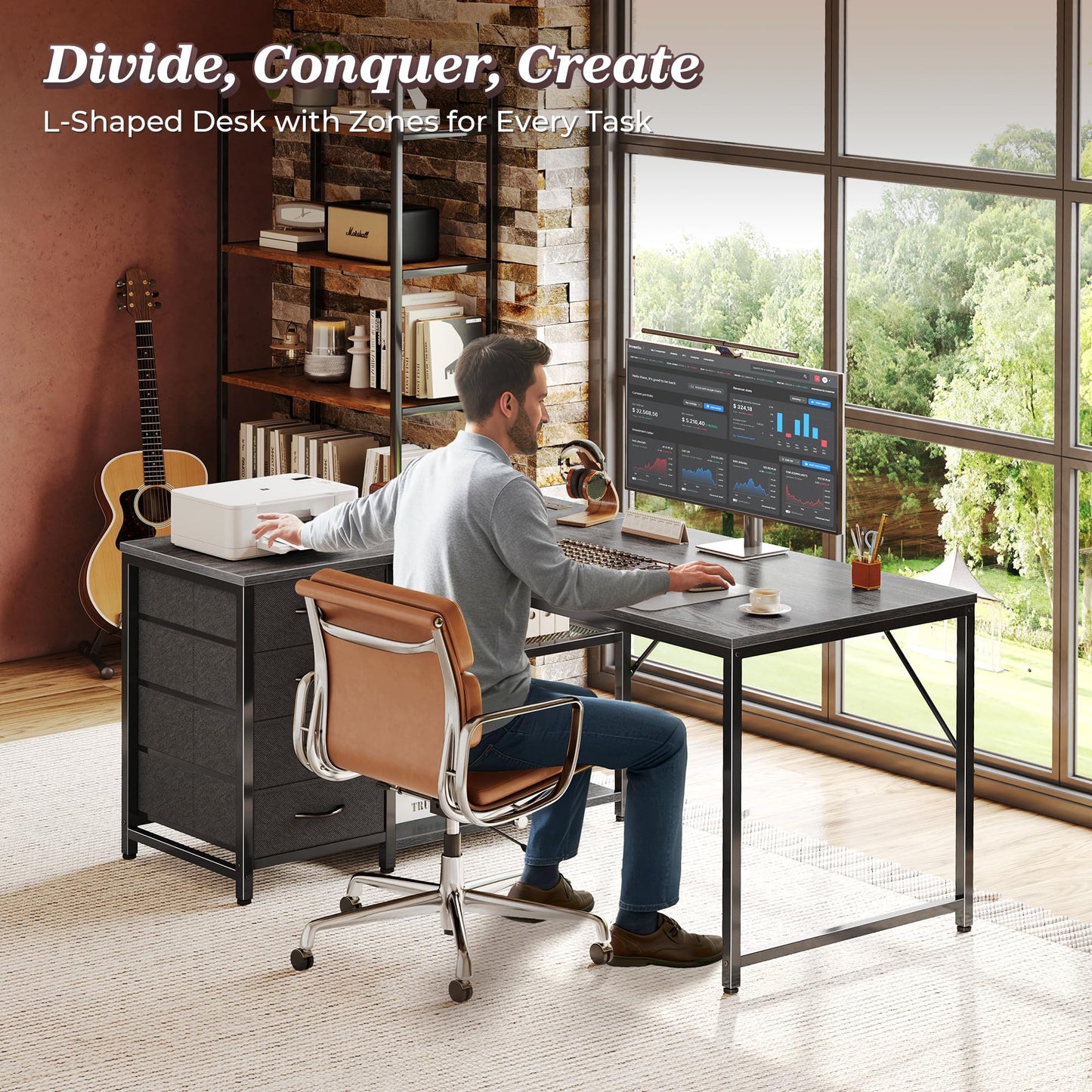 PRAISUN 43.3" Small Computer Desk with Power Outlets and USB-C Port, Reversible L Shaped Corner Office Desk with 4 Fabric Drawers and 2 Height-Adjustable Shelves, for Gaming Writing, Grey