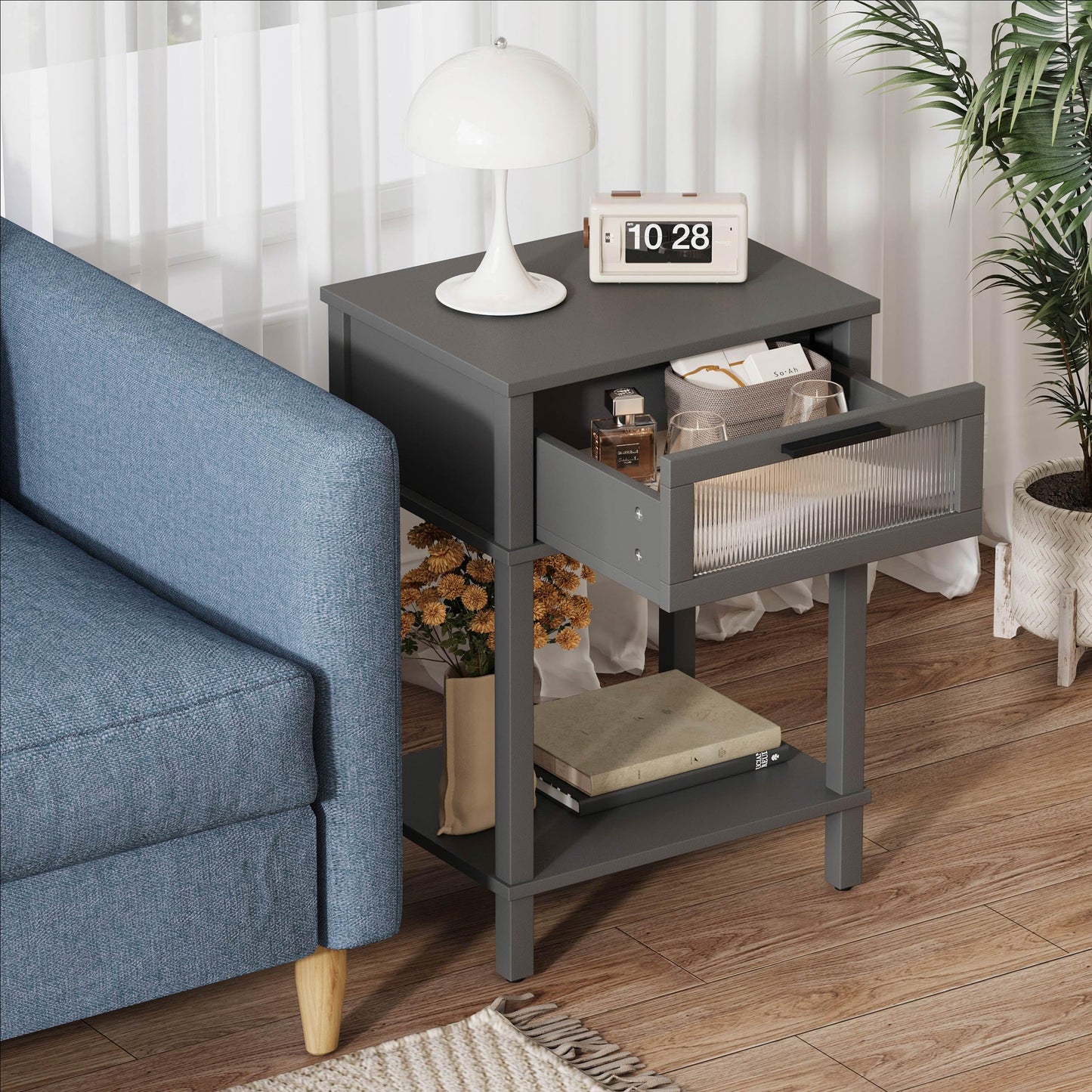 Nightstand Wooden Bedside Table with Drawer Grey Night Stands Modern Style Small End Table Side Table with Storage Shelf for Bedroom Living Room MLBZ10G