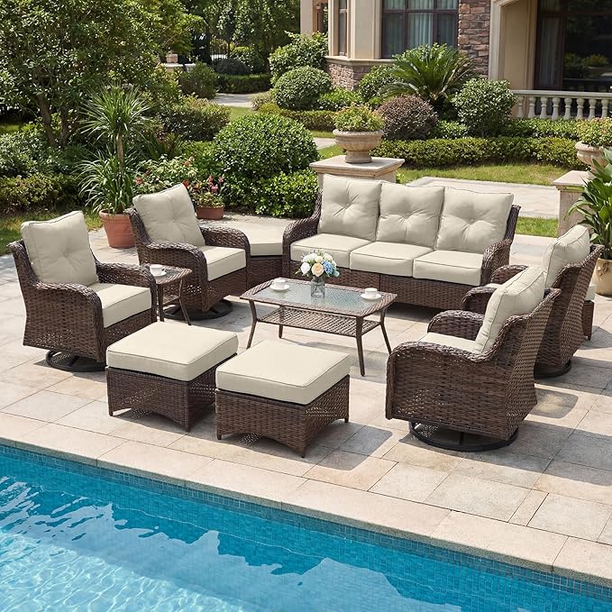 Patio Furniture Set, High Back Rattan Sofa & Swivel Rocker Chairs, Weather
