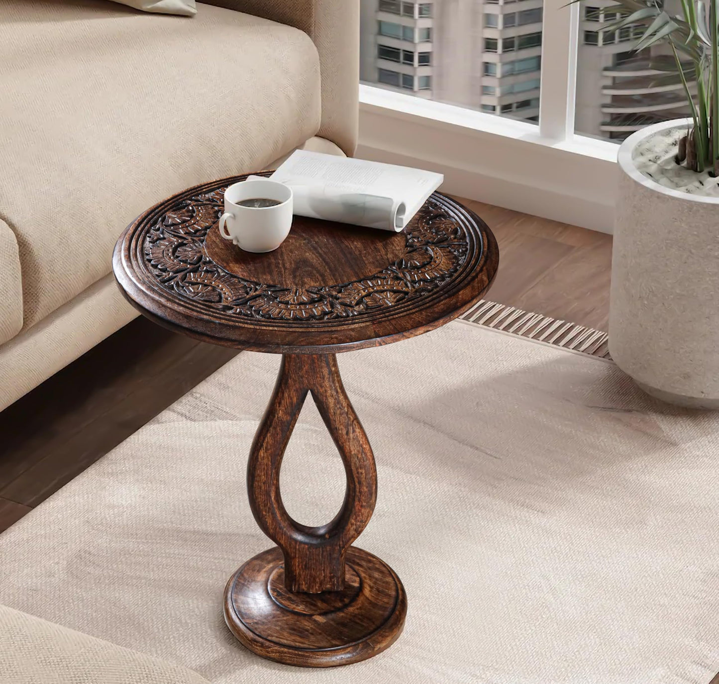 Side Tables Round – Small Drink Table for Small Spaces, Modern Accent Nightstand with Hand-Carved Top & Solid Wood Tables for Living Room, Bedroom, Office – Burnt Finish_18x22 Pride Styles