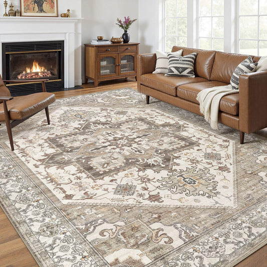 10x12 Area Rugs for Living Room - Large Carpet Ultra Thin Soft Washable Oriental Vintage Floral Distressed Rug Big Indoor Carpets for Bedroom Nursery Dorm Home Decor Aesthetic - Beige Brown
