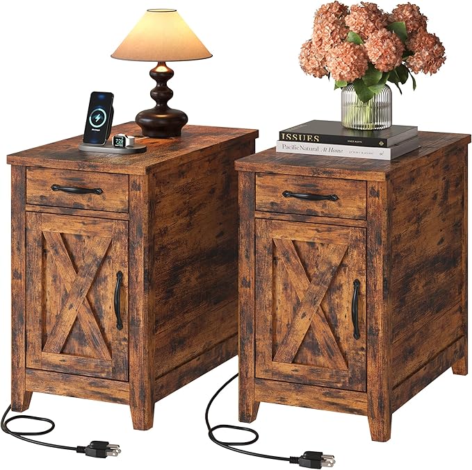 IRONCK End Table with Charging Station, Narrow Side Table