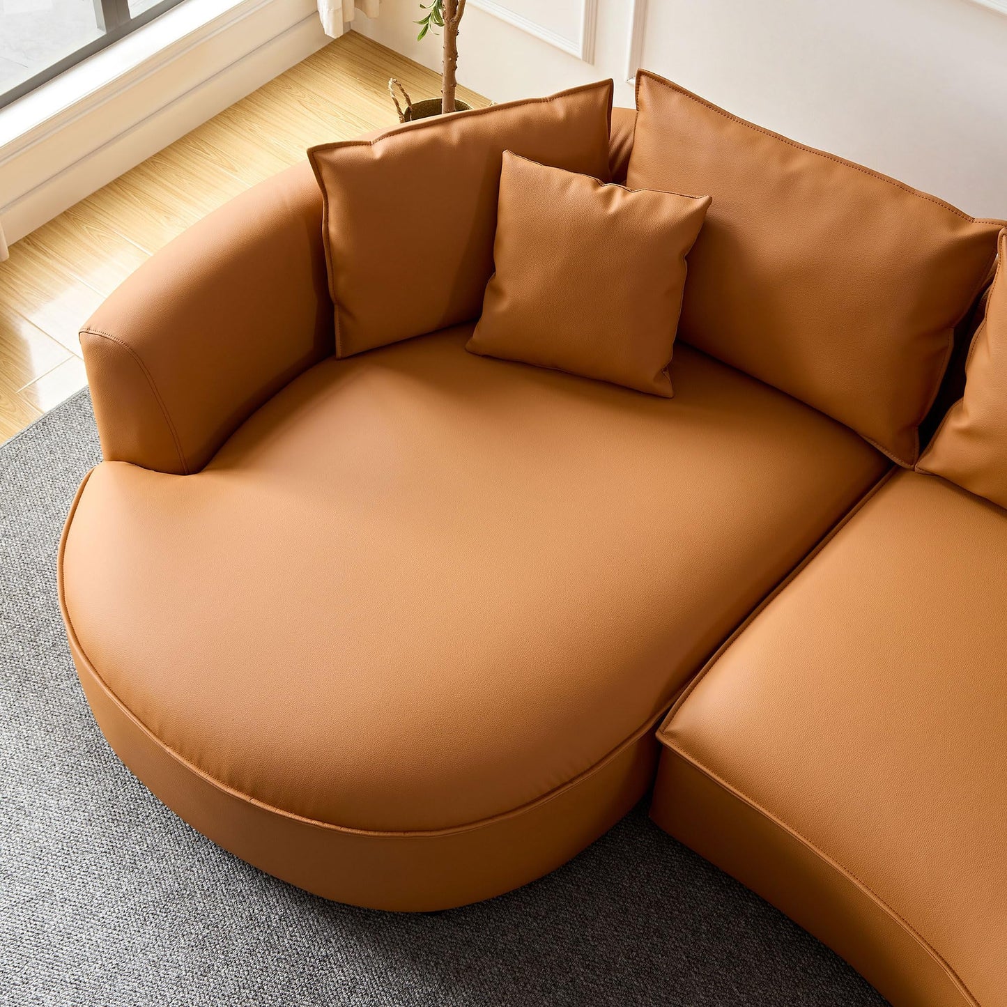 BBTJOINT Modern Curved Sofa for Living Room,Bonded Leather Upholstered Sectional,L-Shaped Round Couch with semicircualr Left Chaise Orange