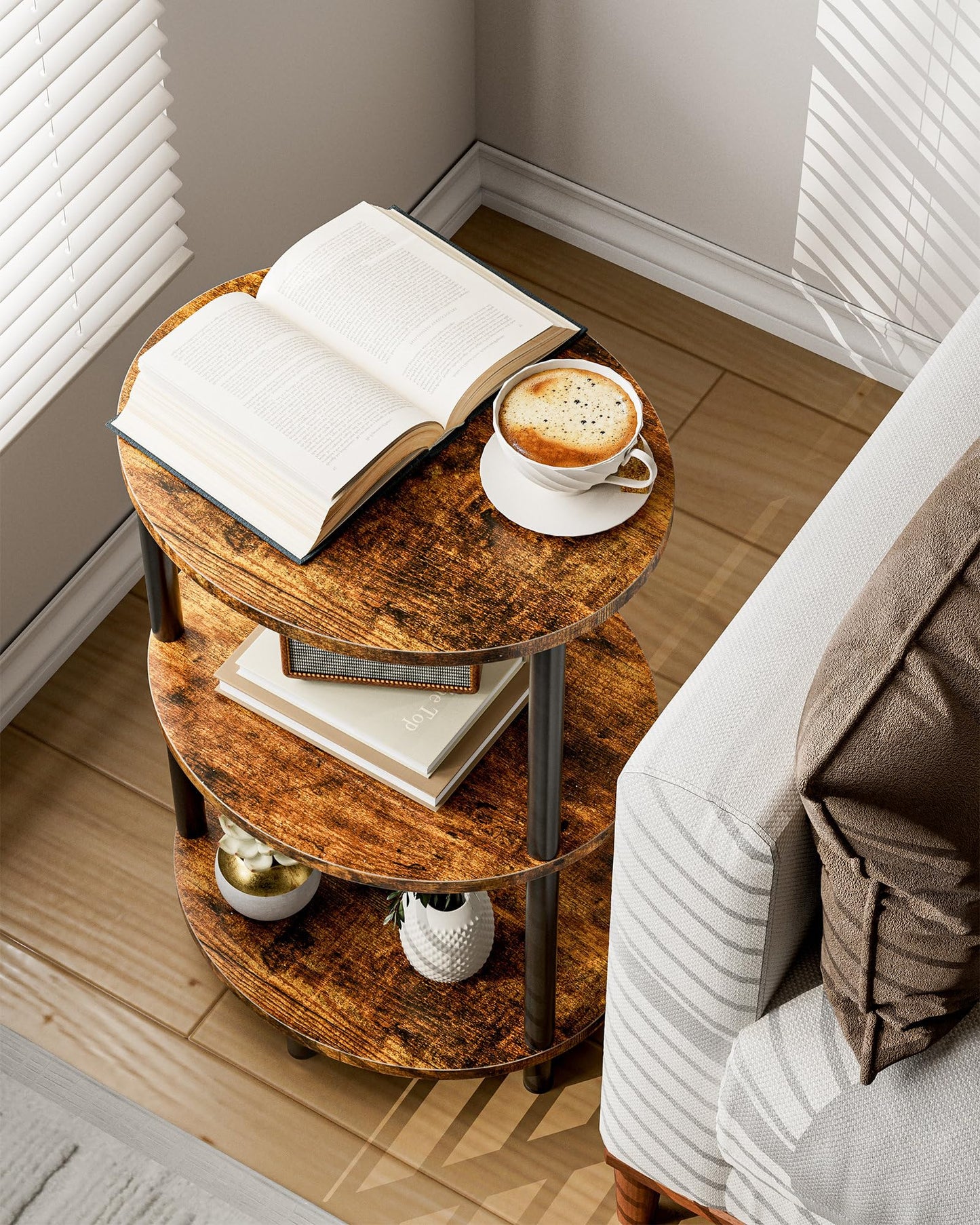 RISWER Round Small Side Table - 3 Tier Oval Accent Table for Small Spaces, Rustic Wood and Metal Couch End Table, Nightstand for Bedroom or End Table Living Room, Easy to Assemble, Rustic Brown