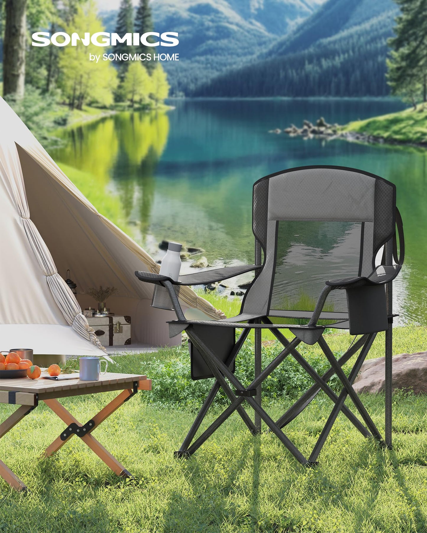 SONGMICS Camping Chair, Folding Oversized Chair, Comfortable and Heavy-Duty, 352 lb Weight Capacity, Adjustable Armrests with Cooler Bag, Storage Bag, Breathable Mesh, Slate Gray UGCB060G01