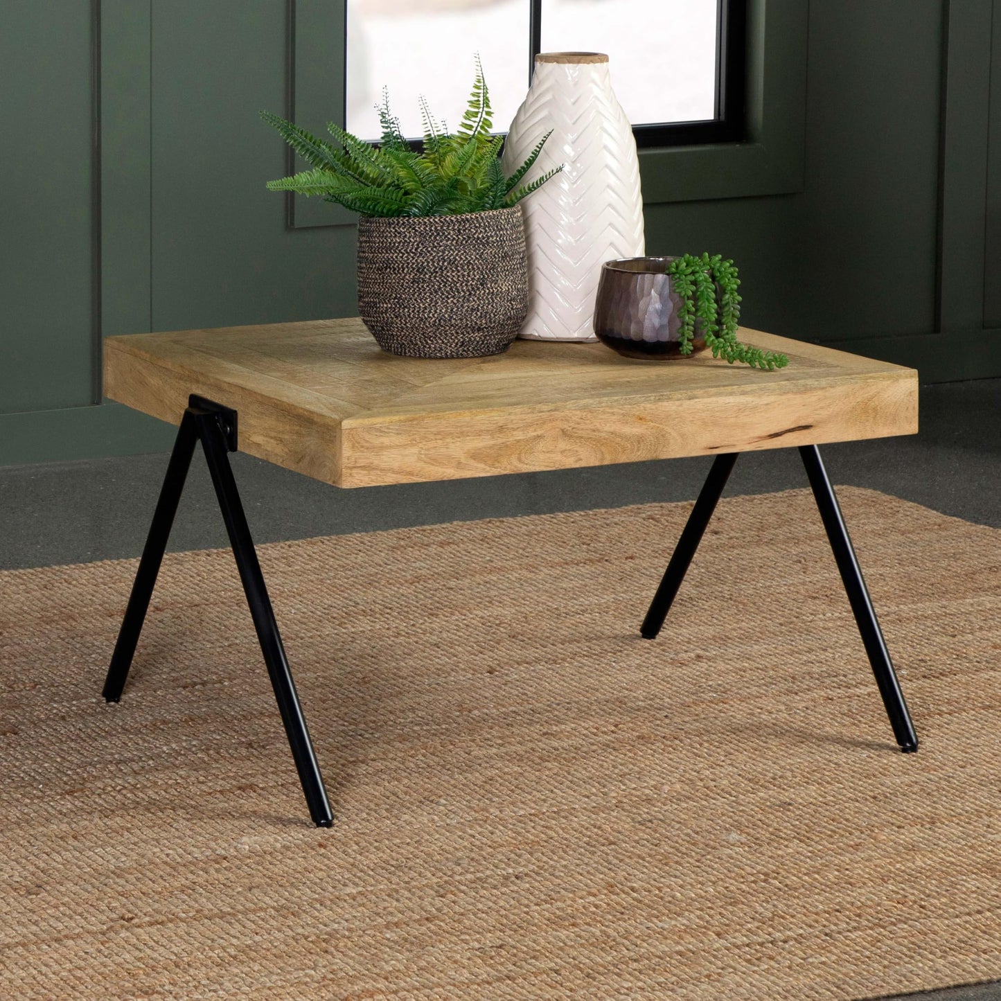Coaster Home Furnishings - Avery - Solid Mango Wood - Rectangular Coffee Table with Natural Finish, Iron Base, V-Shaped Legs, Beveled Edges - Living Room - 30 Inch - Natural Tone - 724318