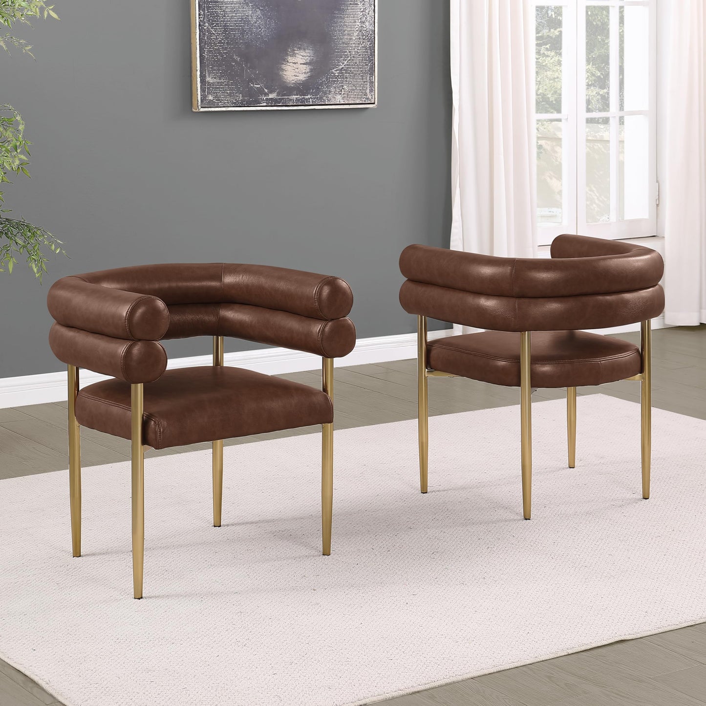 Modern Double Bolster Dining Chairs Set of 2, Leath-Aire Upholstered Tub Chairs with Gold Base, Mid-Century Accent Chairs for Dining Room, Living Room, & Office (Mocha/Gold)