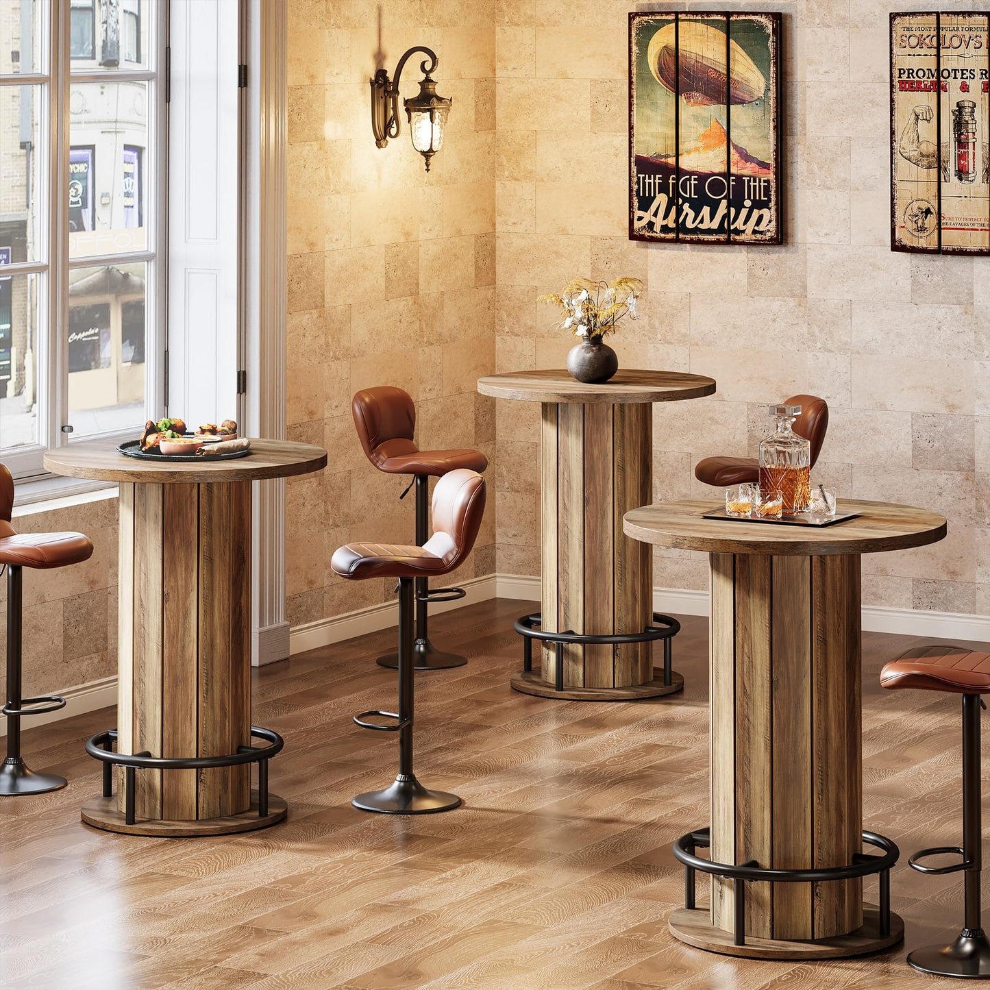 Tribesigns Round Bar Table, 39.4" H Wood Bistro Pub Table with Metal Ring Footrest for Dining Coffee Cocktail Living Room, Small Space, Brown(Only Table)